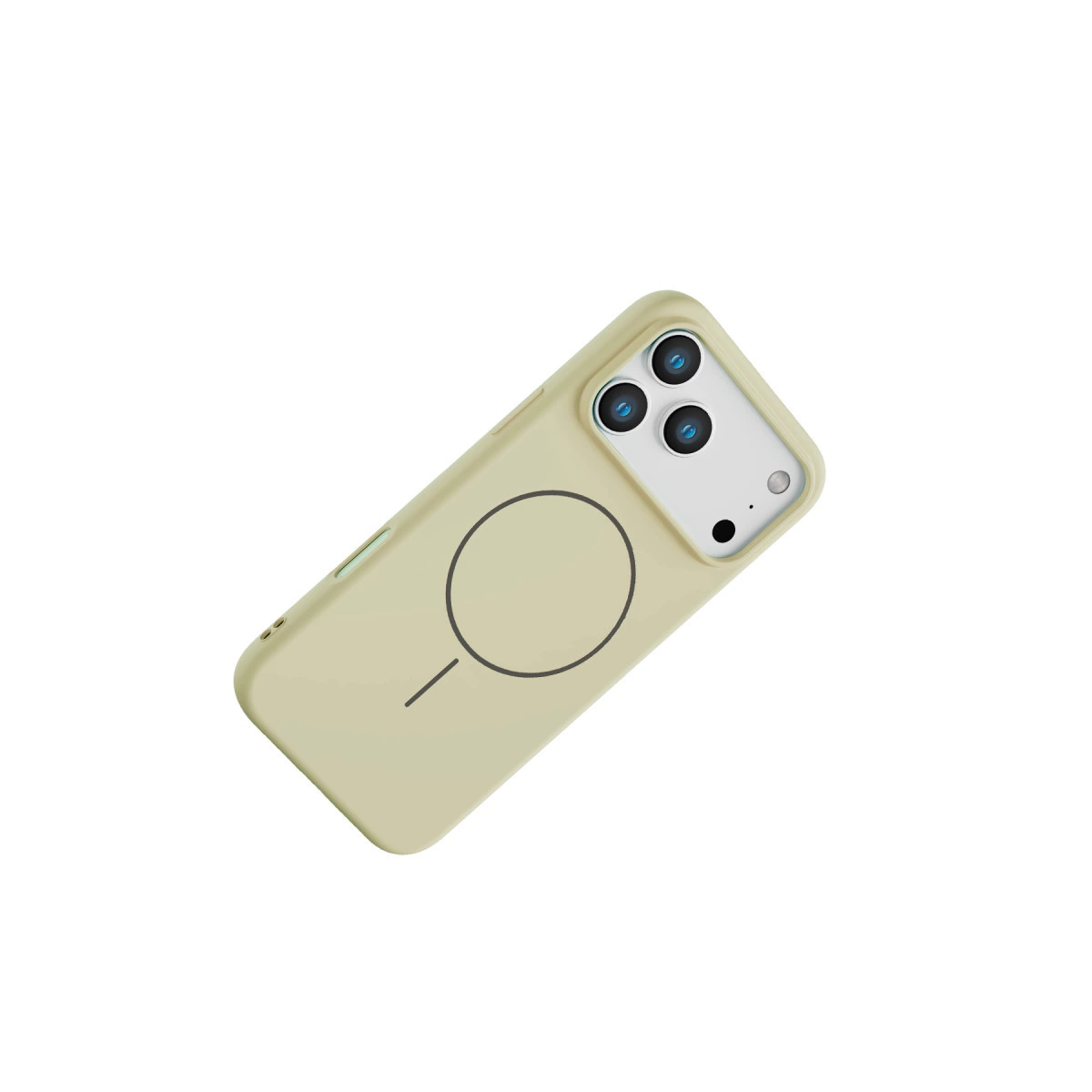 Üç kamera lensi ve manyetik şarj halkası bulunan krem rengi telefon kılıfı.