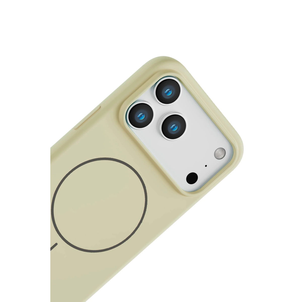 Dairesel manyetik halka ve kamera lens dizisine sahip krem rengi telefon kılıfı.