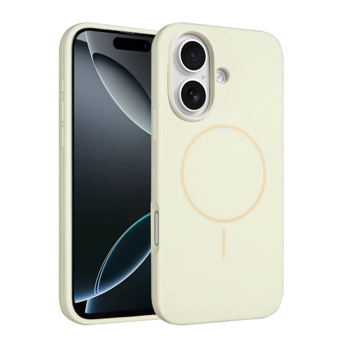 Telefon üzerinde kamera modülüne sahip açık sarı telefon kılıfı.