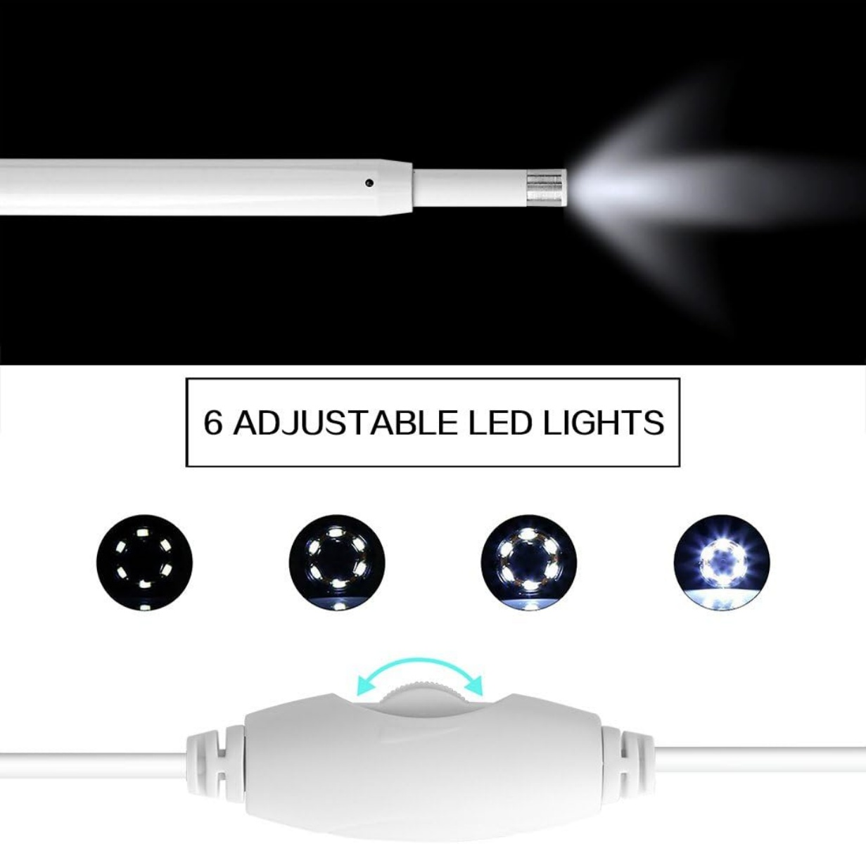 Ein weißes Endoskop mit leuchtenden LEDs und einem Helligkeitsregler.