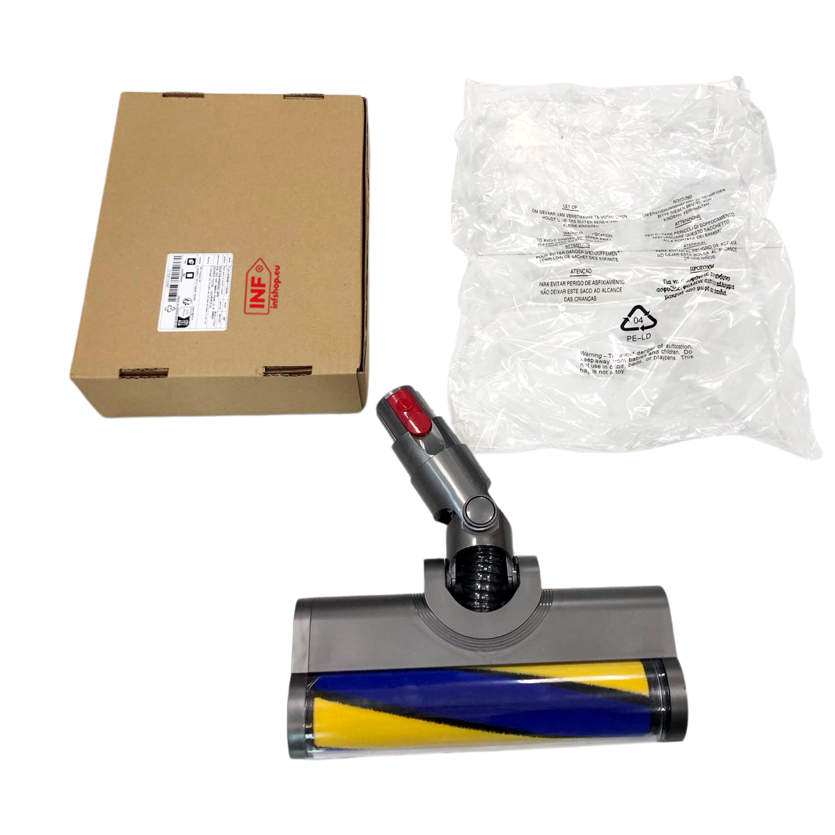 Głowica odkurzacza z niebiesko-żółtą szczotką, kartonem i torbą.