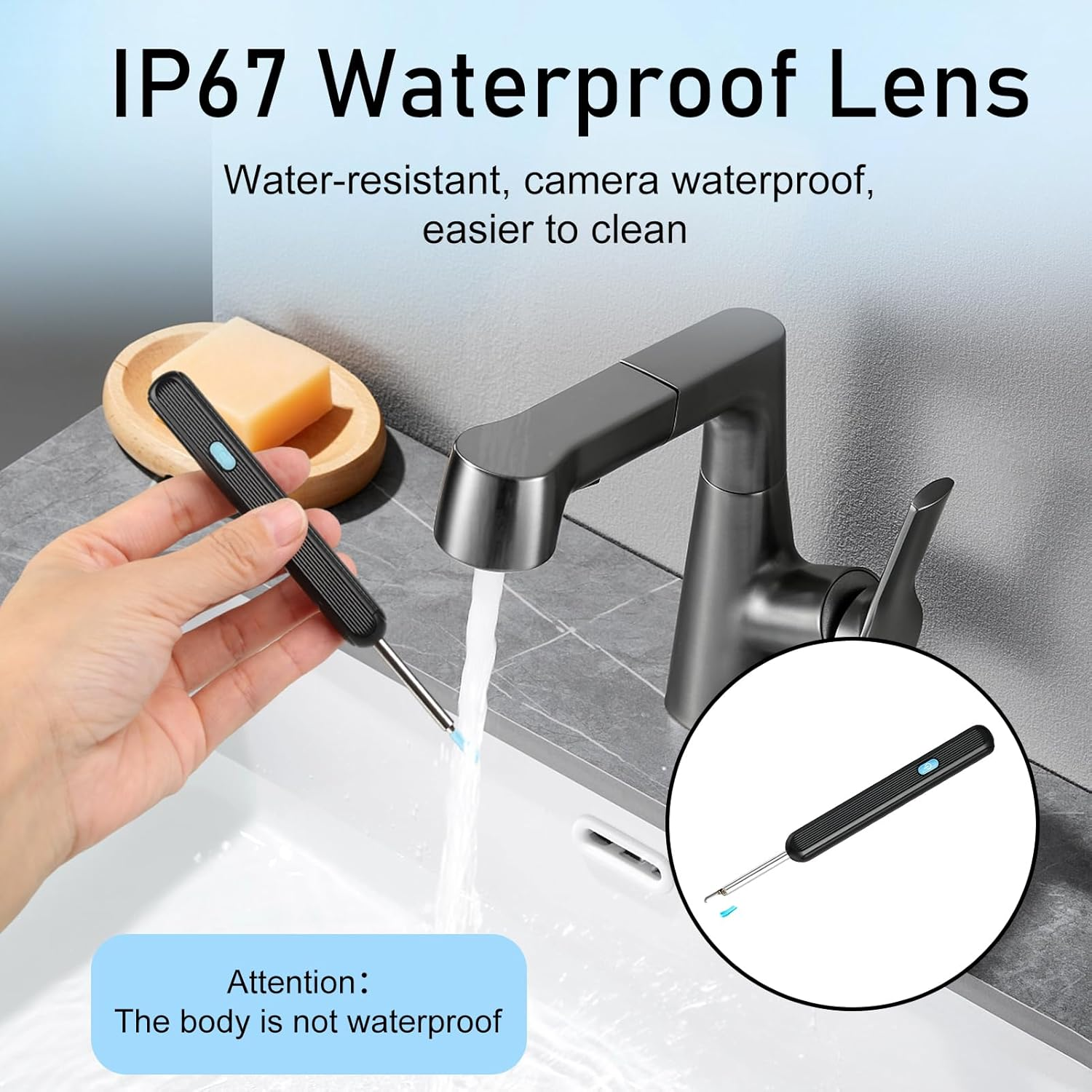 IP67 wasserdichte Linse wird unter einem Wasserhahn gereinigt. Der Körper ist nicht wasserdicht.