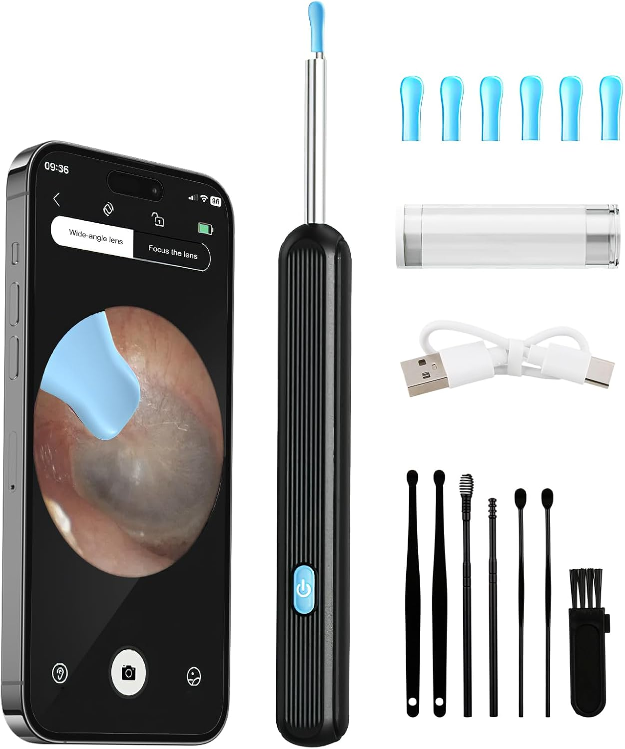 Ein Smartphone zeigt ein Ohrbild, daneben ein Ohrenreiniger-Set mit Zubehör.