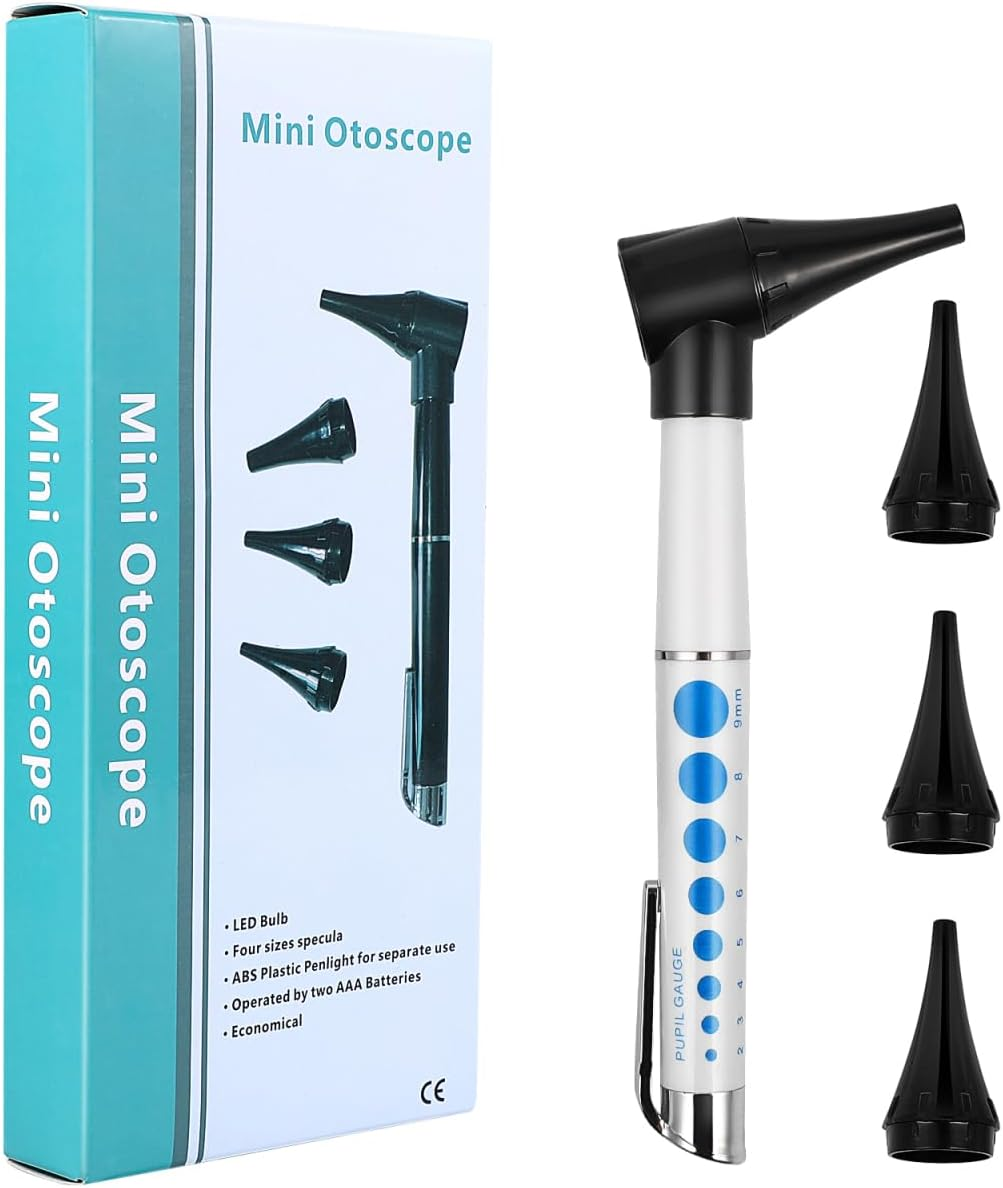 Ein Mini-Otoscop mit Spekula und Verpackung. Auf der Verpackung steht 'Mini Otoscope'.