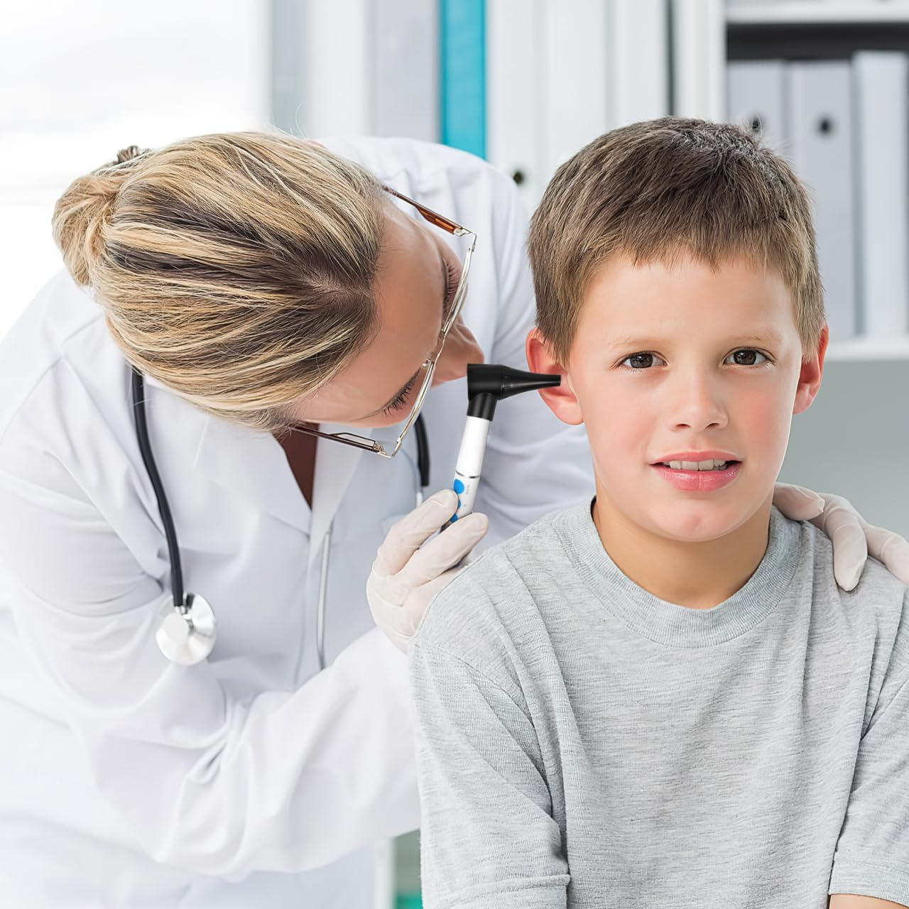 Arzt untersucht Ohr eines Jungen mit Otoskop.