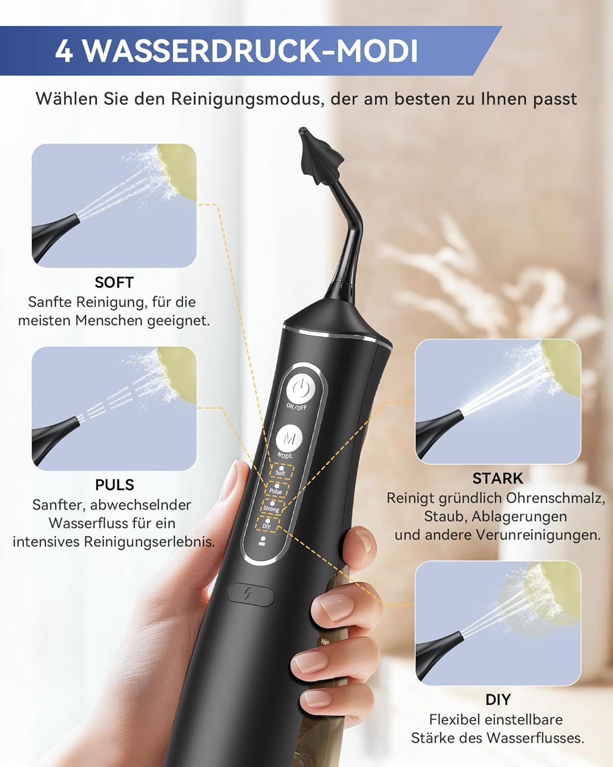 Ein schwarzes Mundpflegegerät mit 4 Wasserdruckmodi: Soft, Puls, Stark und DIY.