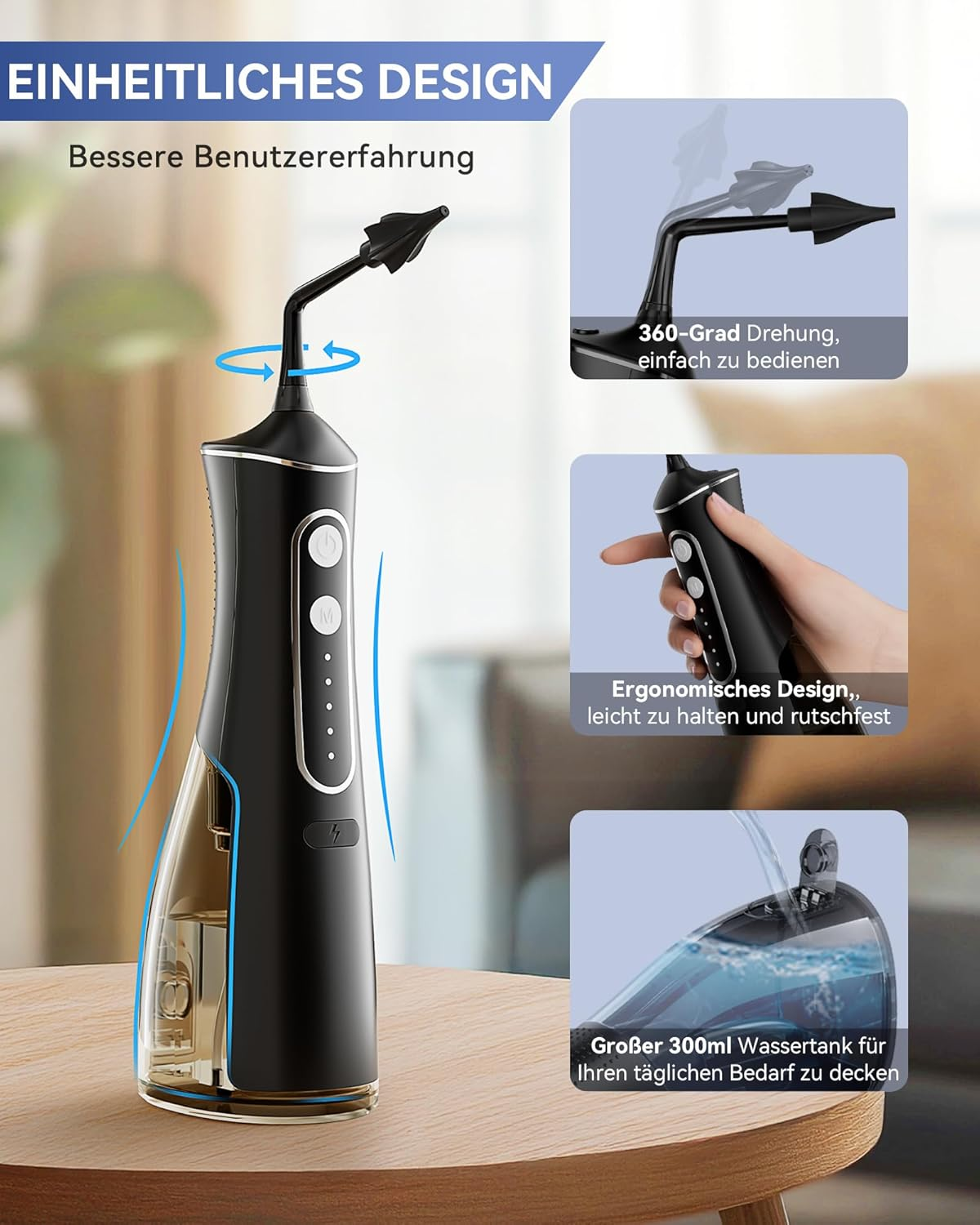 Schwarzer Wasserradikal mit 360-Grad-Drehung, ergonomischem Design und 300-ml-Tank.
