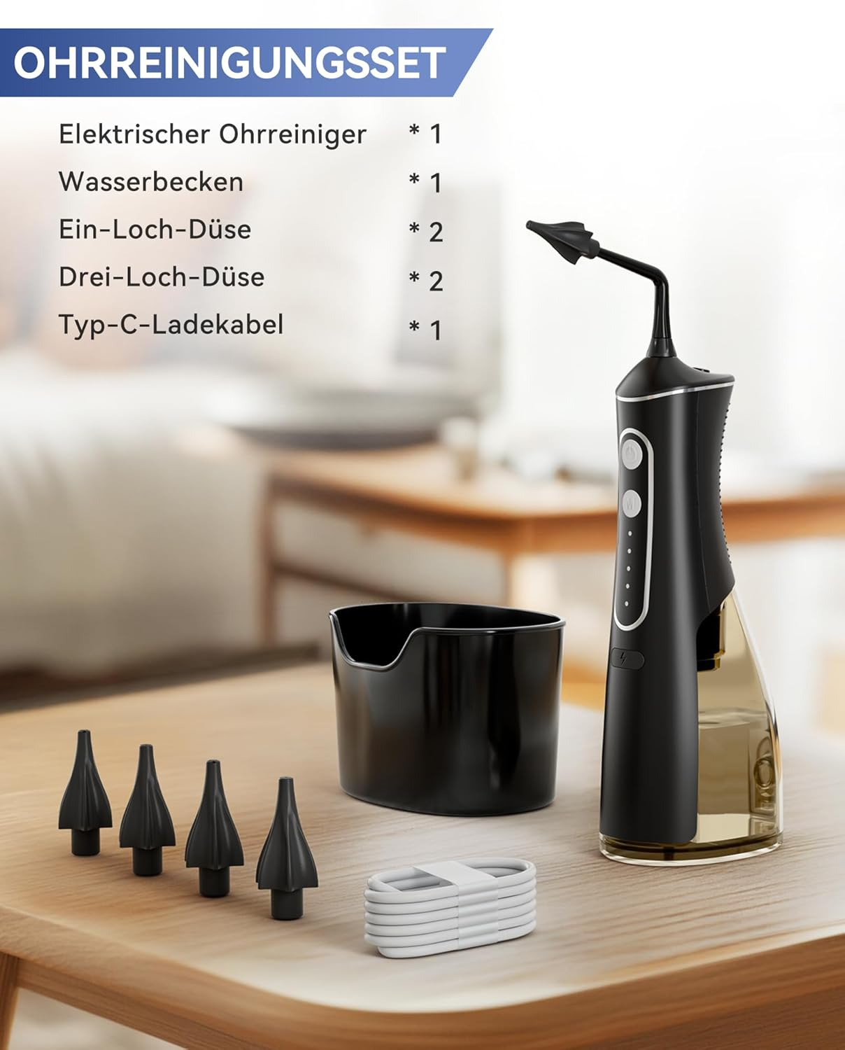 Ein Set zur Ohrenreinigung mit elektrischem Reiniger, Becken, Düsen und Kabel.