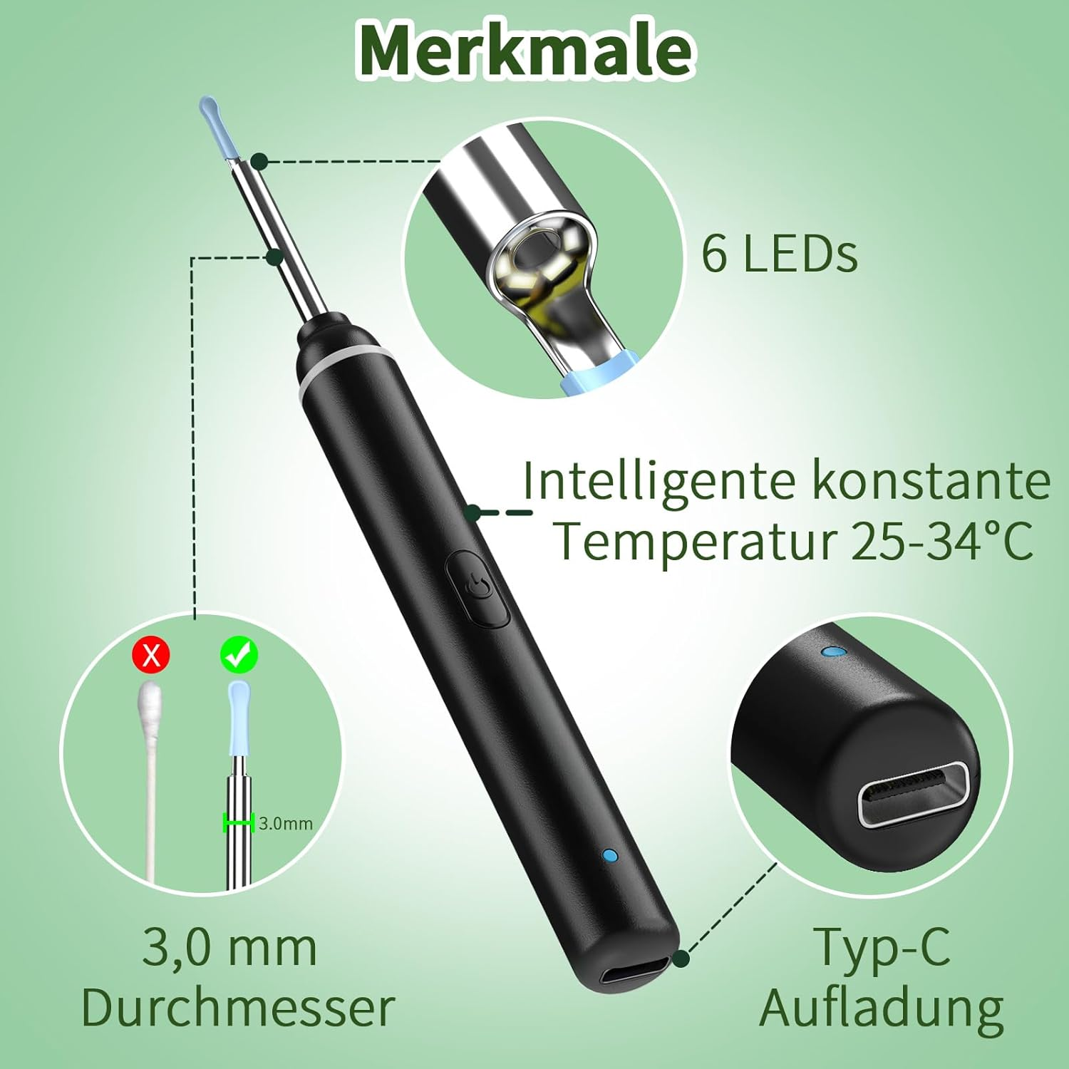 Ein schwarzes Werkzeug mit LED und Typ-C-Anschluss, Merkmale: 6 LEDs, 3,0 mm Durchmesser, intelligente Temperatur.