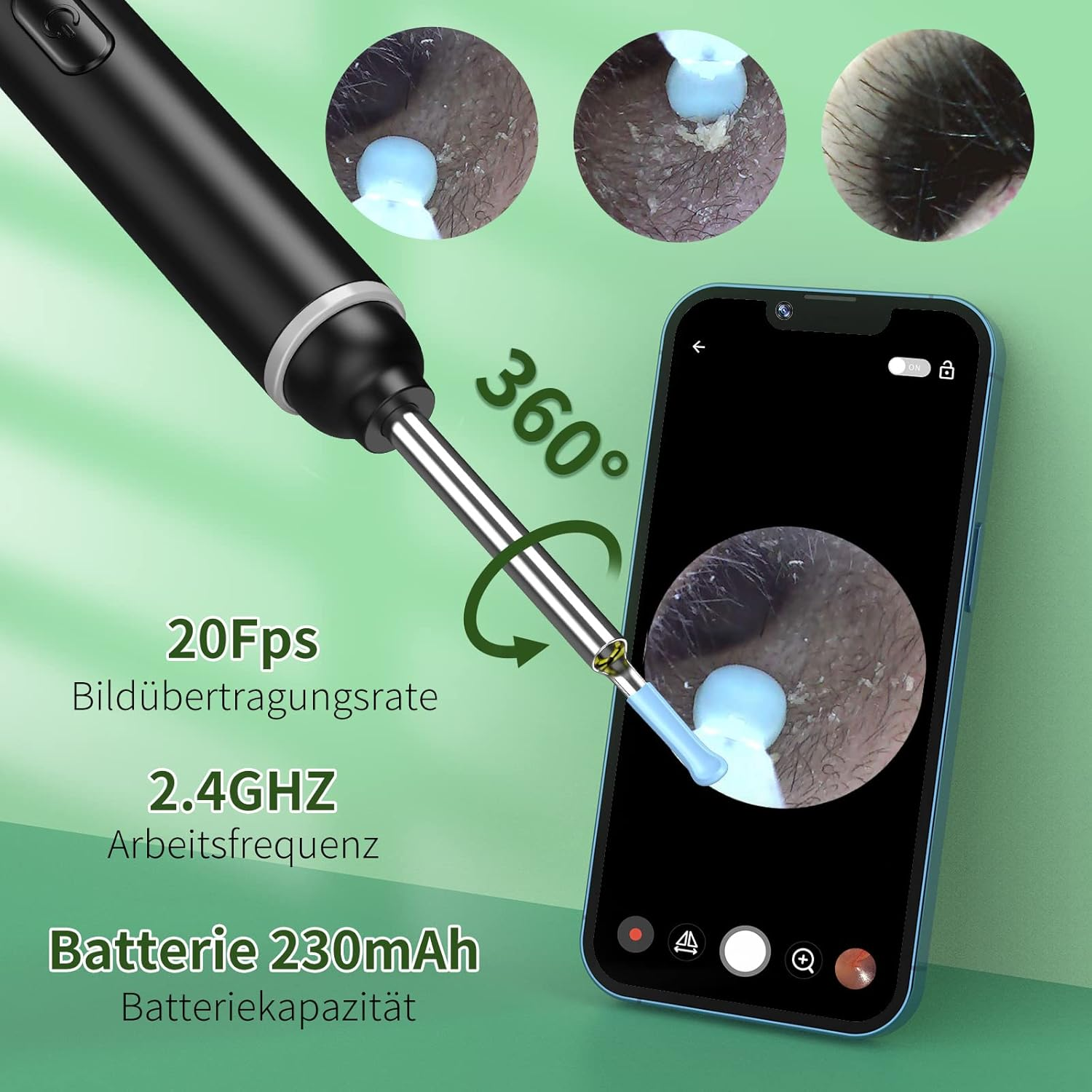 Ein digitales Ohrenthermometer zeigt das Innere eines Ohres auf einem Smartphone an.