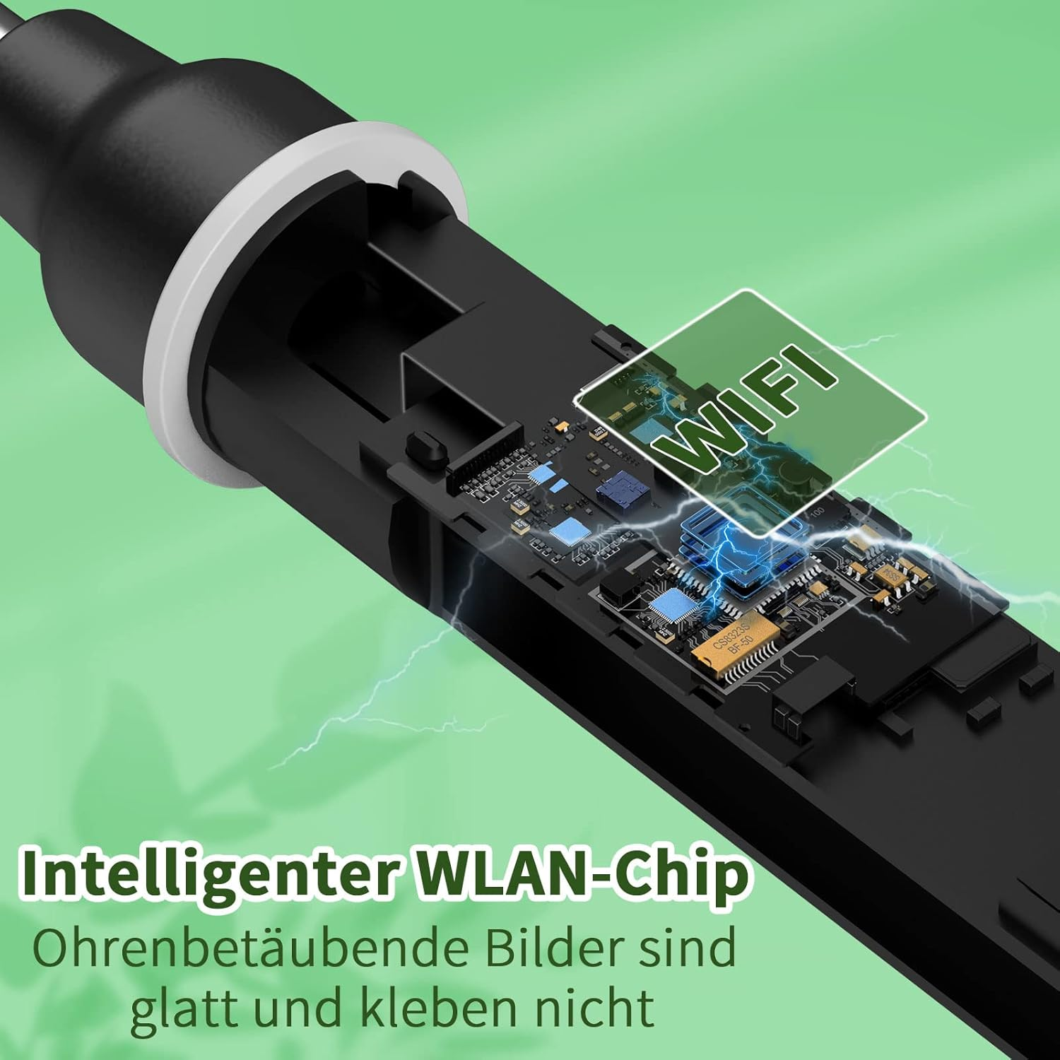 Ein intelligenter WLAN-Chip mit leuchtenden Symbolen und Blitz-Effekten.
