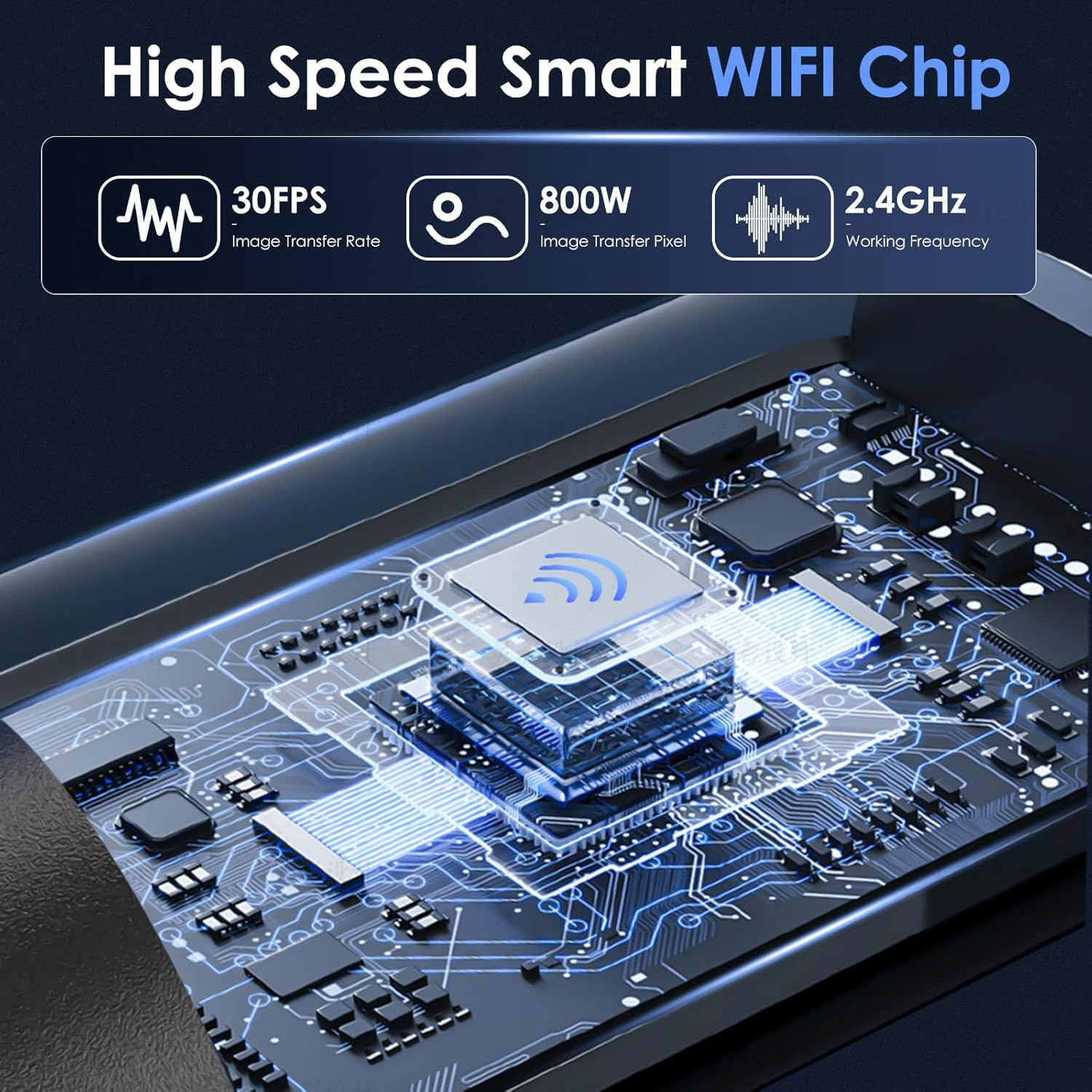 Nahaufnahme einer futuristischen Platine mit leuchtendem WLAN-Chip. Specs: 30FPS, 800W, 2,4GHz.