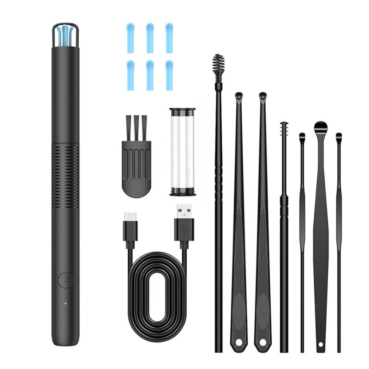 Schwarzes Ohrenreinigungsset mit USB-Kabel, blauen Spitzen und Werkzeugen.