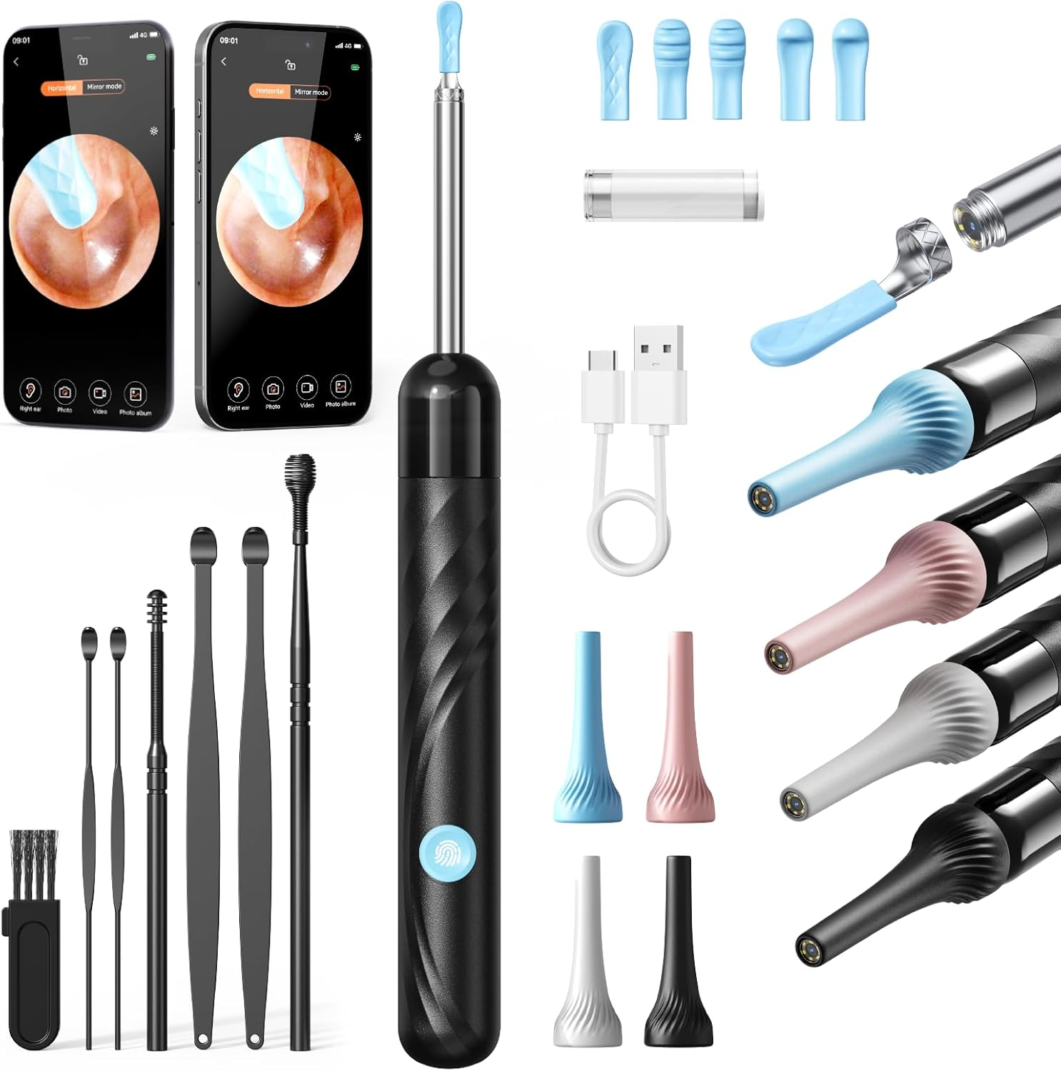 Set mit digitalen Ohrenreinigern, Aufsätzen und Ladekabel.