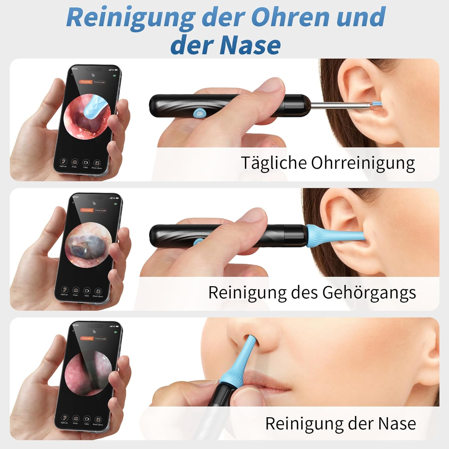Bildschirm zeigt Ohrenreinigungswerkzeug im Ohr.
