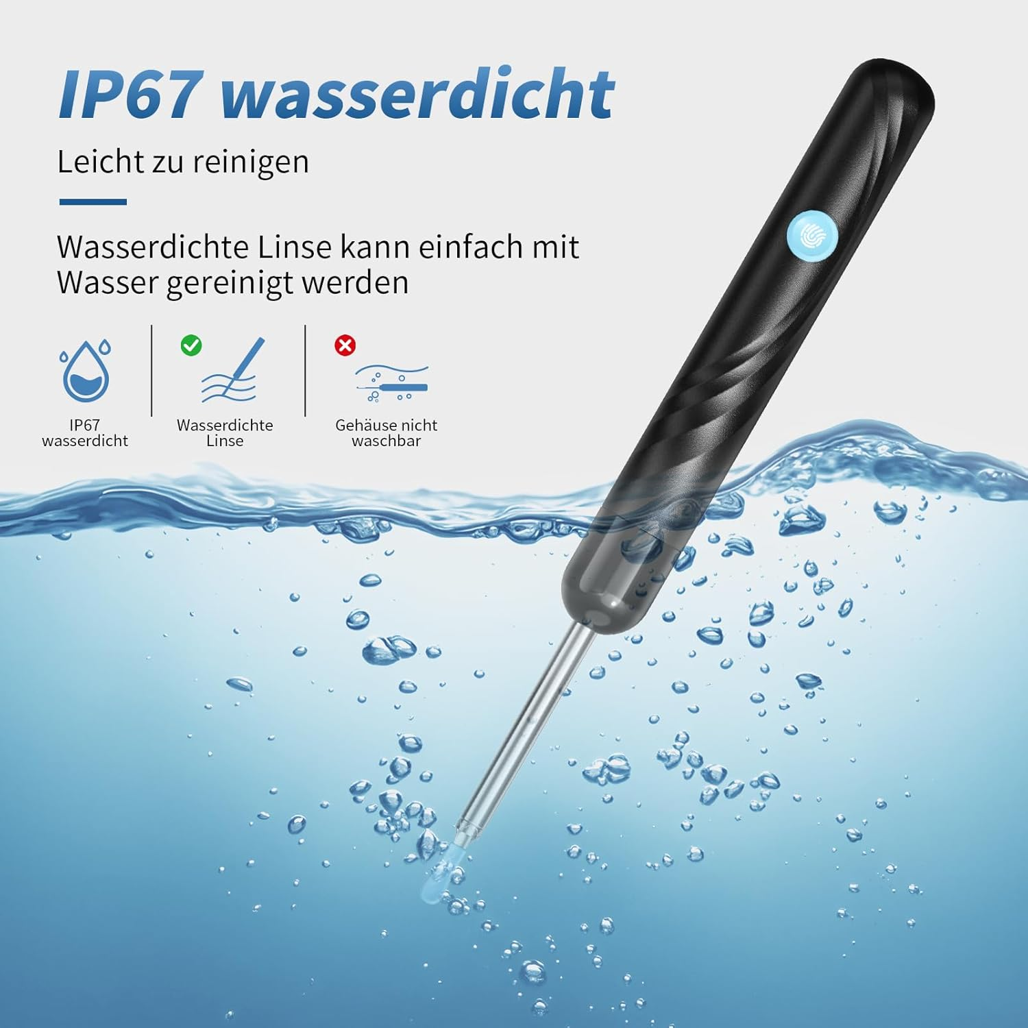 Ein wasserdichtes Gerät mit IP67-Zertifizierung taucht in Wasser ein.