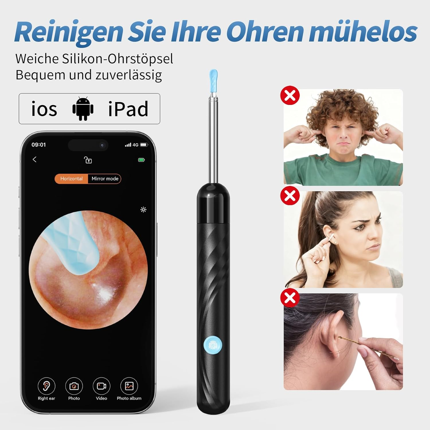 Ein digitales Ohrreinigungsgerät mit Smartphone-App-Ansicht und Warnsymbolen.
