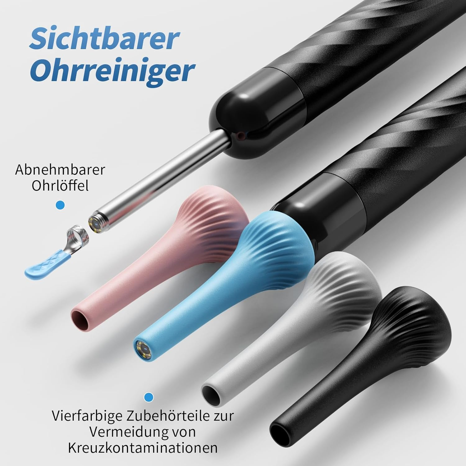 Ein digitaler Ohrreiniger mit Zubehörteilen in vier Farben: Rosa, Blau, Grau und Schwarz.
