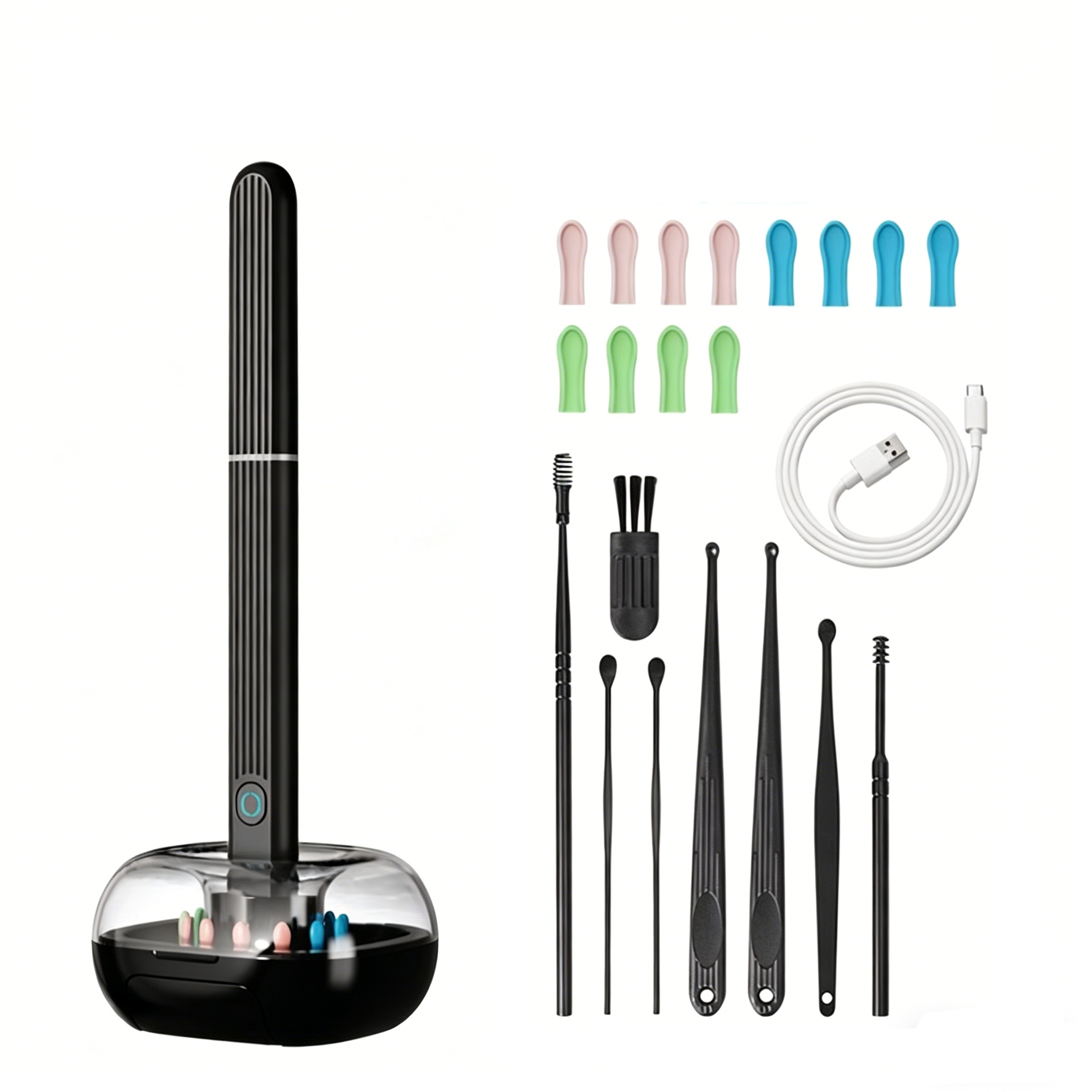 Ein schwarzes Ohrenreiniger-Set mit verschiedenen Aufsätzen, Ladekabel und bunten Spitzen.