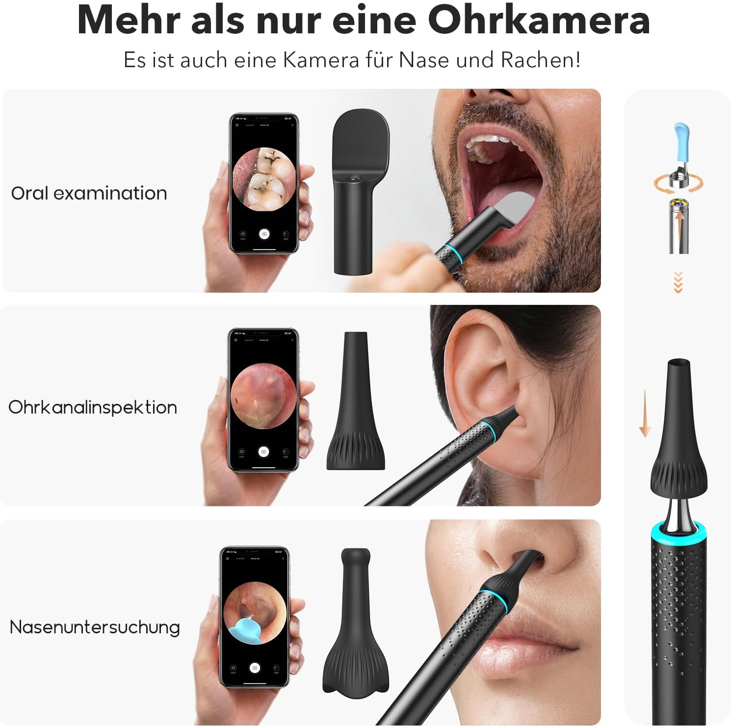 Ein visueller Vergleich von Ohr-, Mund- und Nasenuntersuchungen mit einem Endoskop.