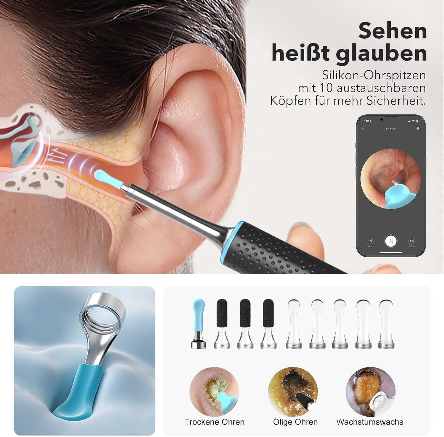Ohrreiniger mit Kamera und austauschbaren Spitzen zur sicheren Ohrreinigung.