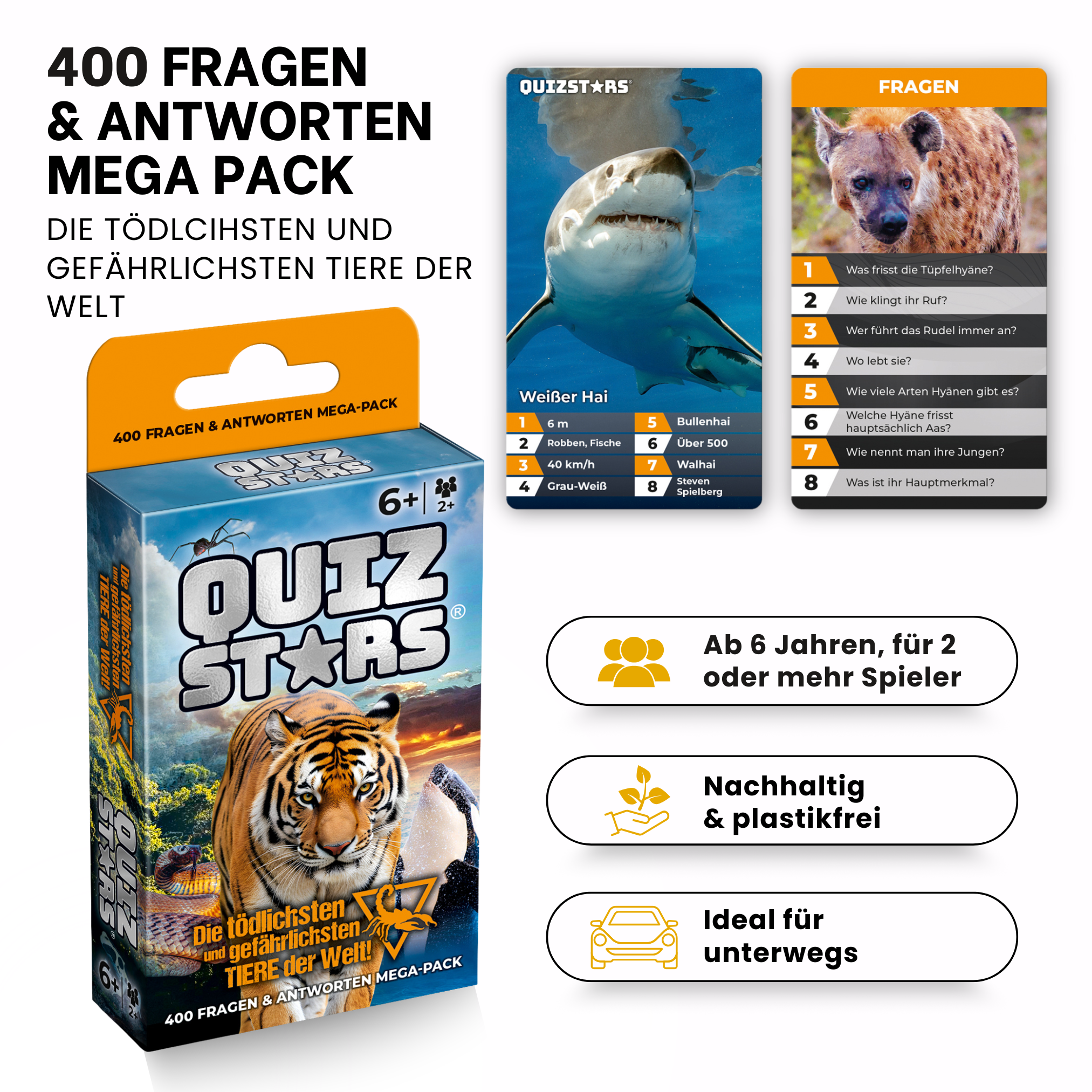 Quizspiel-Box mit Hai, Hyäne, Tiger. 400 Fragen zu gefährlichen Tieren. Ab 6 J.