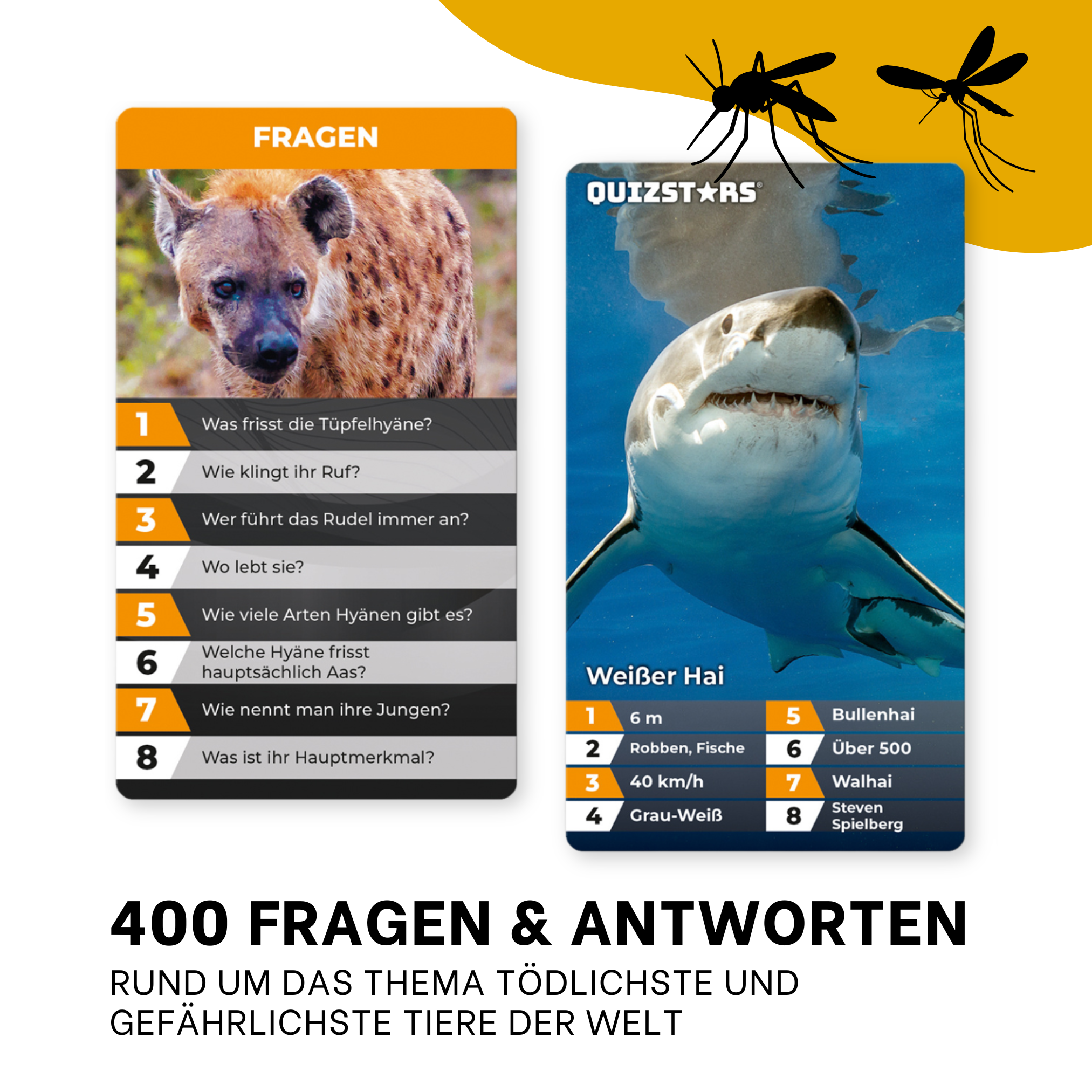 Zwei Karten: links Hyäne mit Fragen, rechts Weißer Hai mit Antworten.