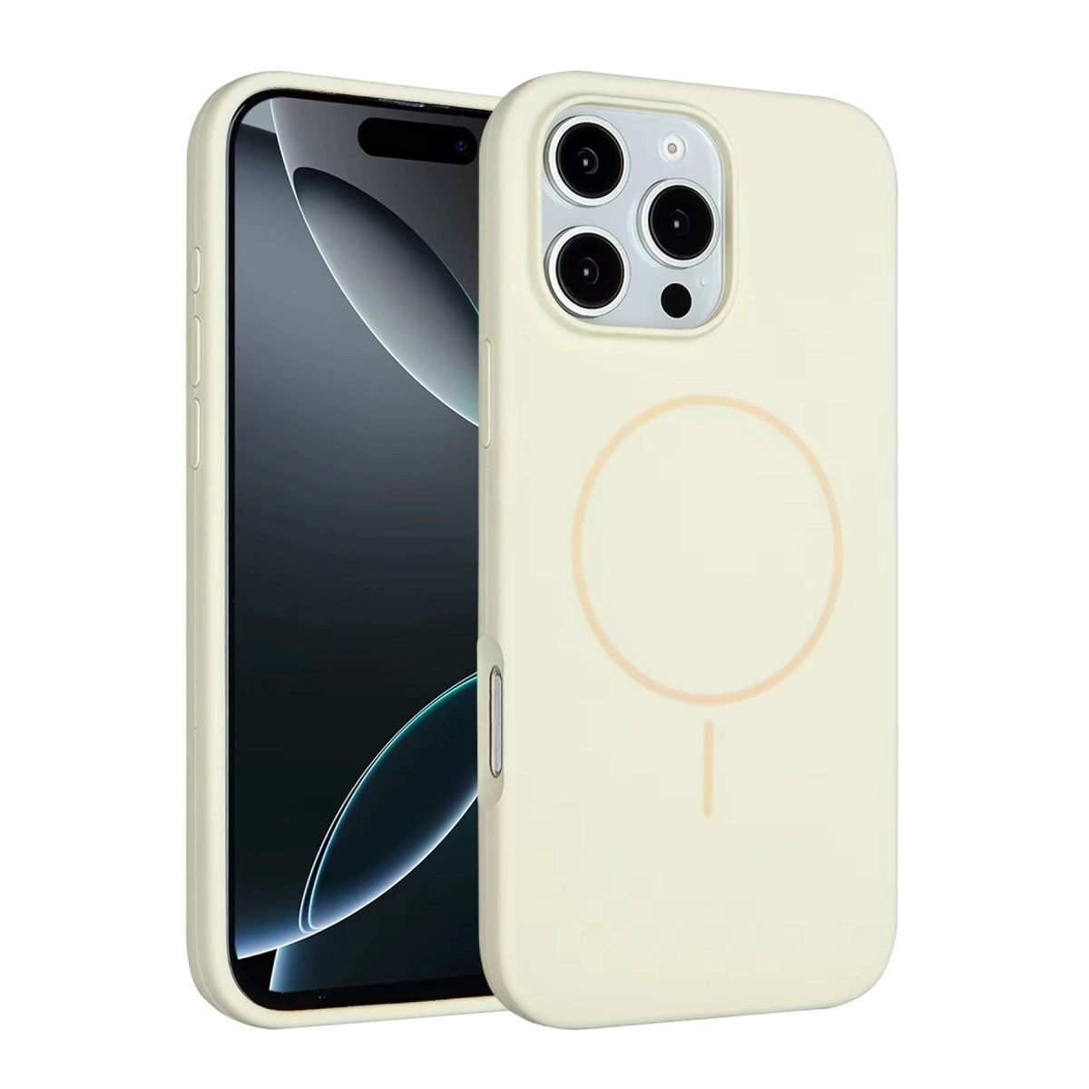 Üç kamera gösteren, uyumlu kılıflı açık sarı bir iPhone.