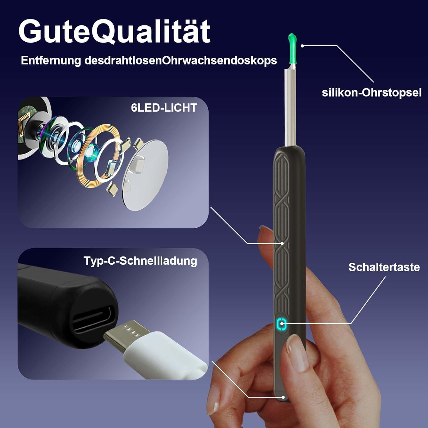 Ein Ohrreiniger mit Silikonaufsatz, 6 LEDs und Typ-C-Ladeanschluss.