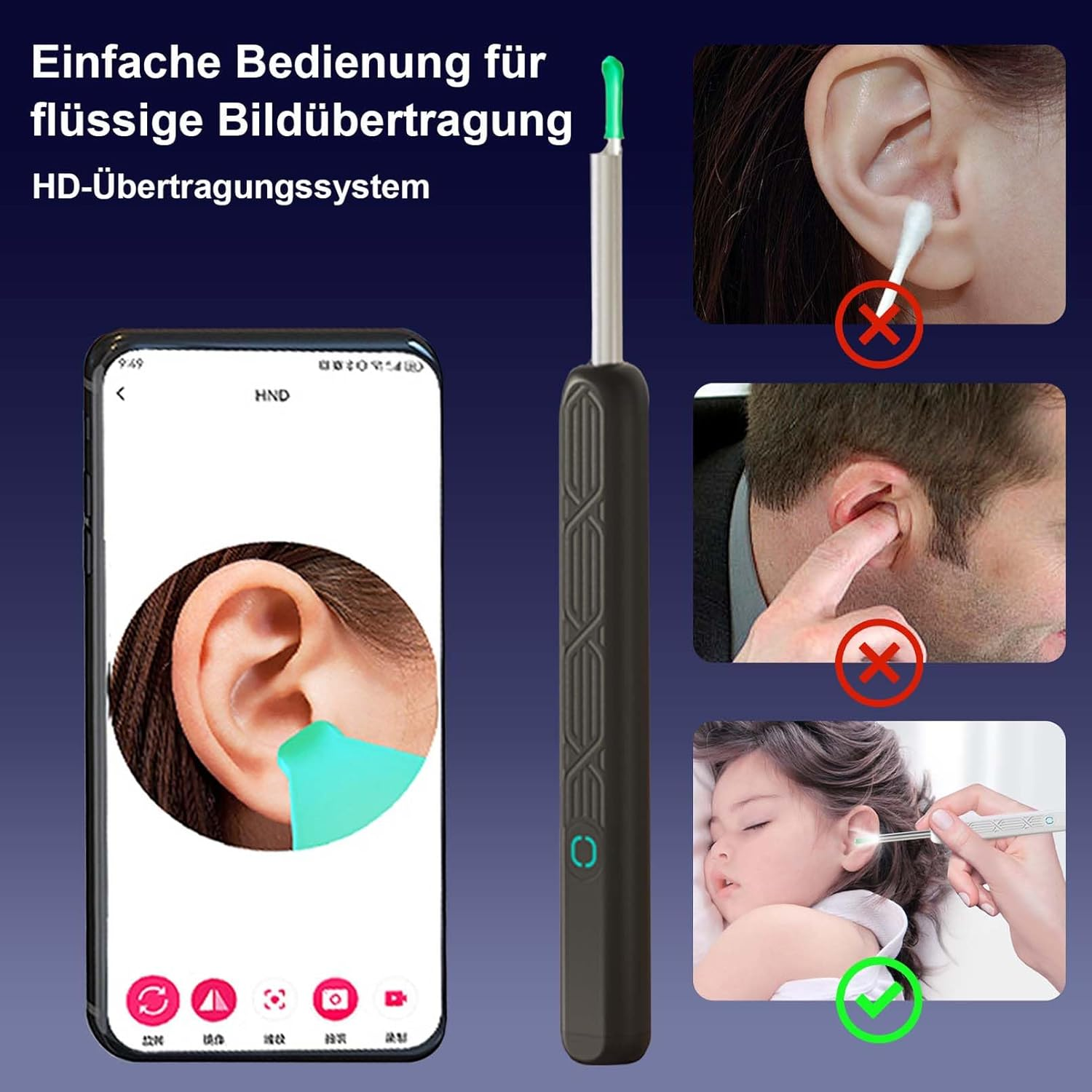 Digitaler Ohrenreiniger mit App-Anzeige und Warnsymbolen.