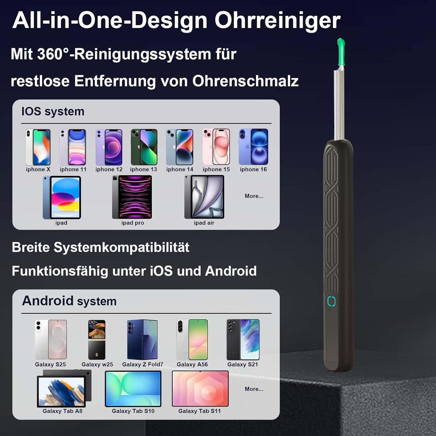 Ein Ohrreinigungsgerät mit Zubehör für iOS- und Android-Geräte.