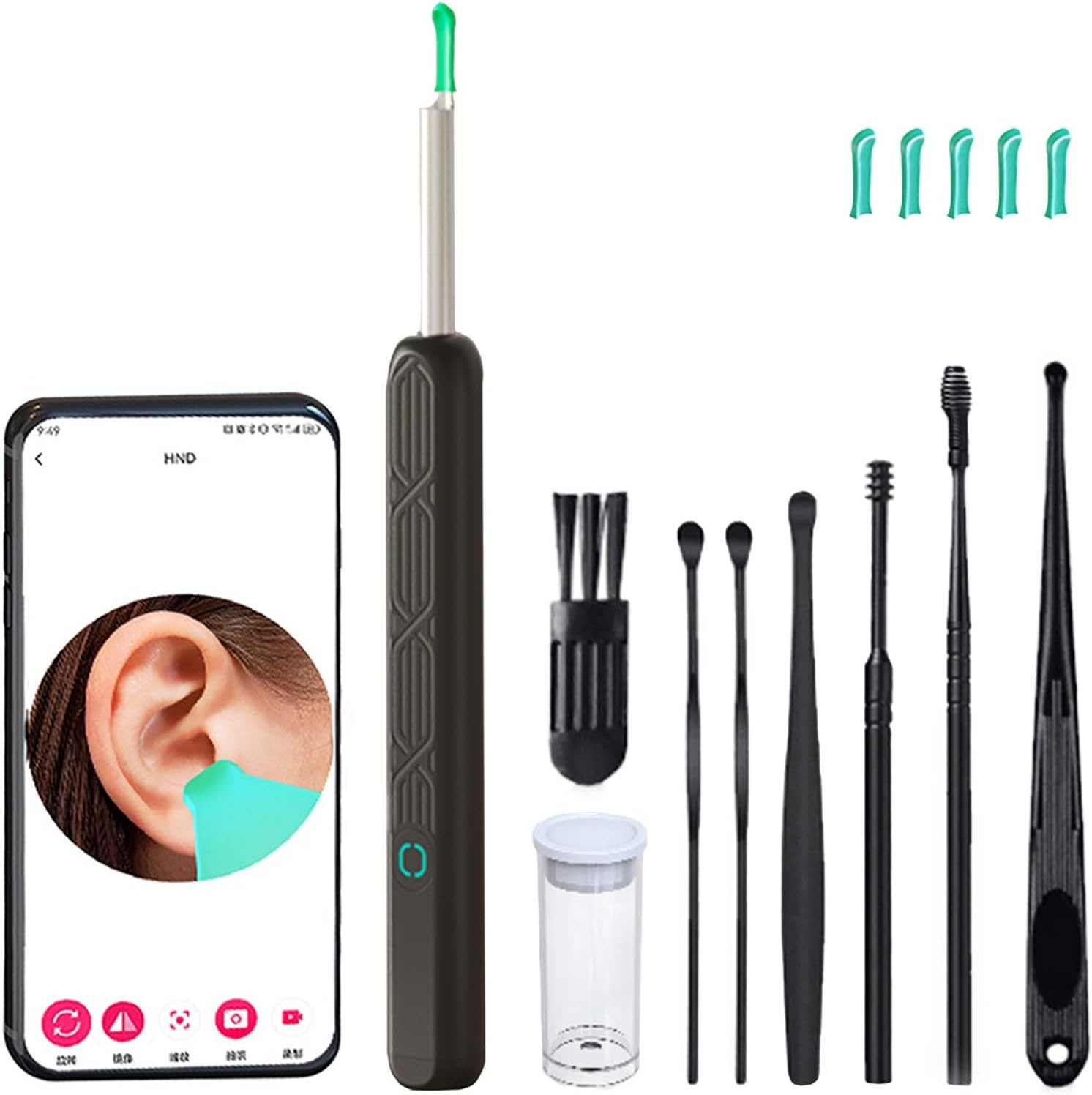 Ein Smartphone zeigt ein Ohr, daneben ein Ohrreiniger-Set.