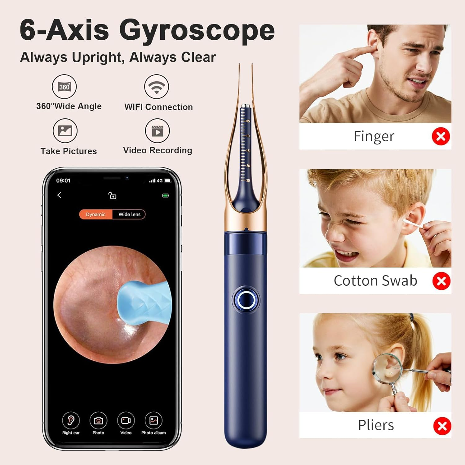 Ein blaues Ohrenreinigungsgerät mit Kamera, Handy-App und Warnungen.