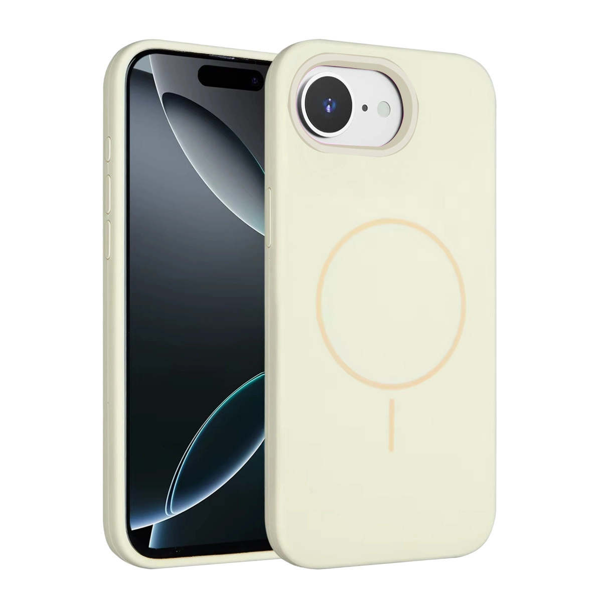 Şarj göstergesi olan krem rengi iPhone kılıfı.