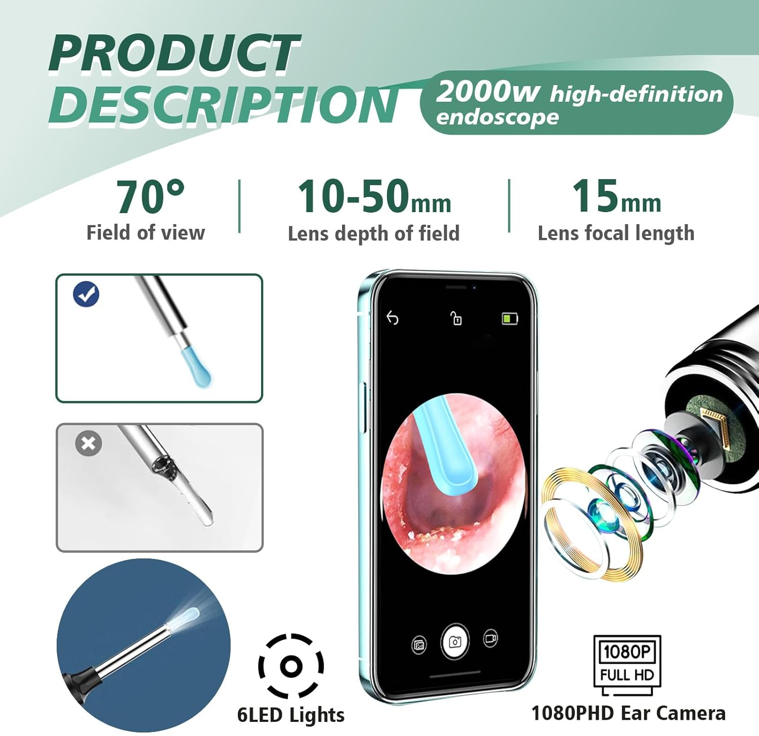 Produktbeschreibung eines 2000-W-HD-Endoskops mit 70° Sichtfeld, 10-50 mm Tiefe, 15 mm Brennweite.