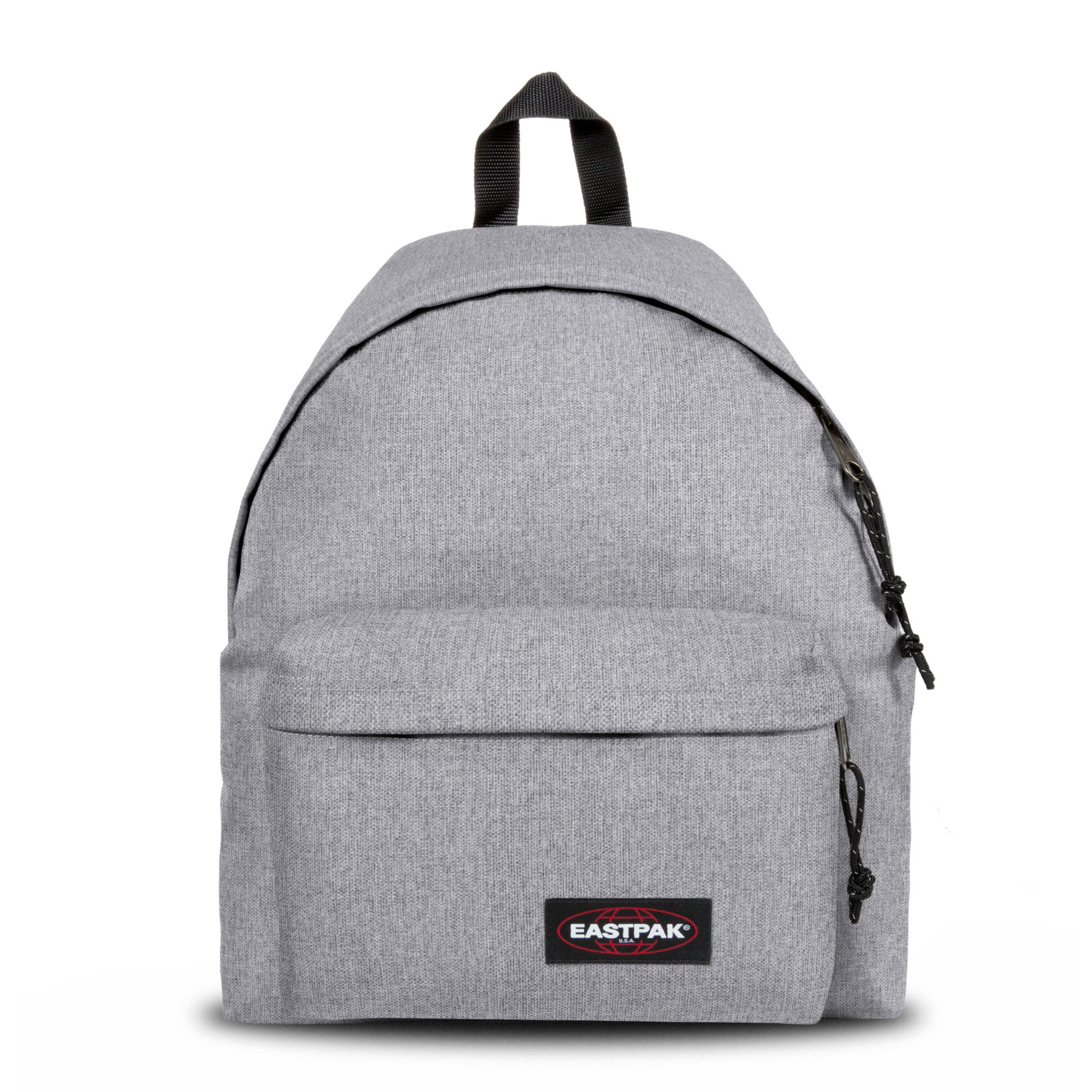 Ein grauer Eastpak-Rucksack mit einem Frontfach und einem schwarzen Logo.