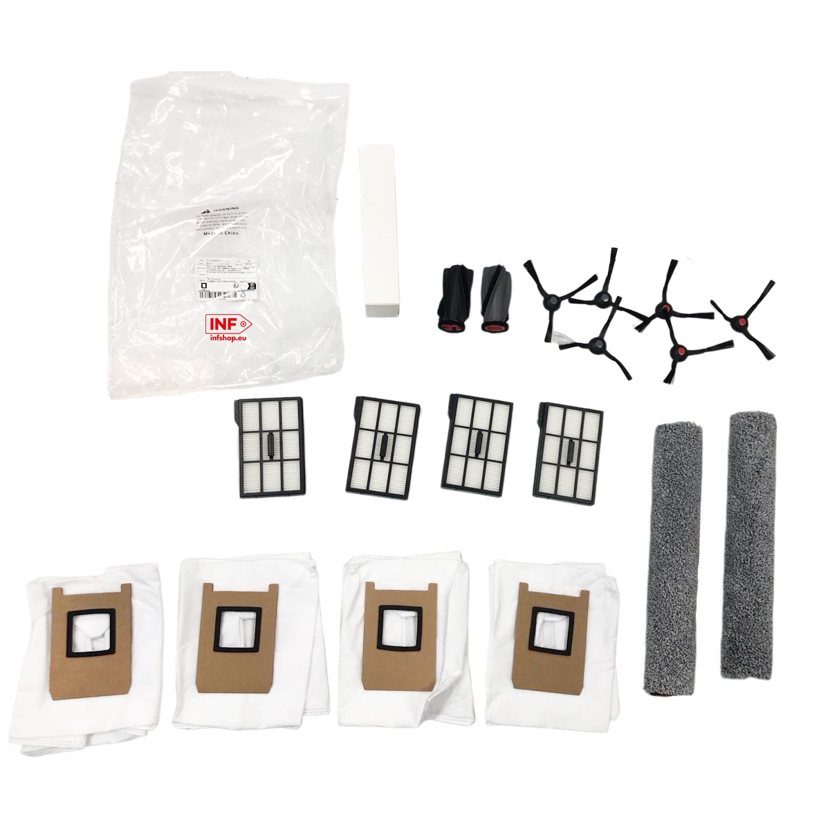 Robotstofzuiger onderdelen: filters, borstels, dweilpads en stofzakken.