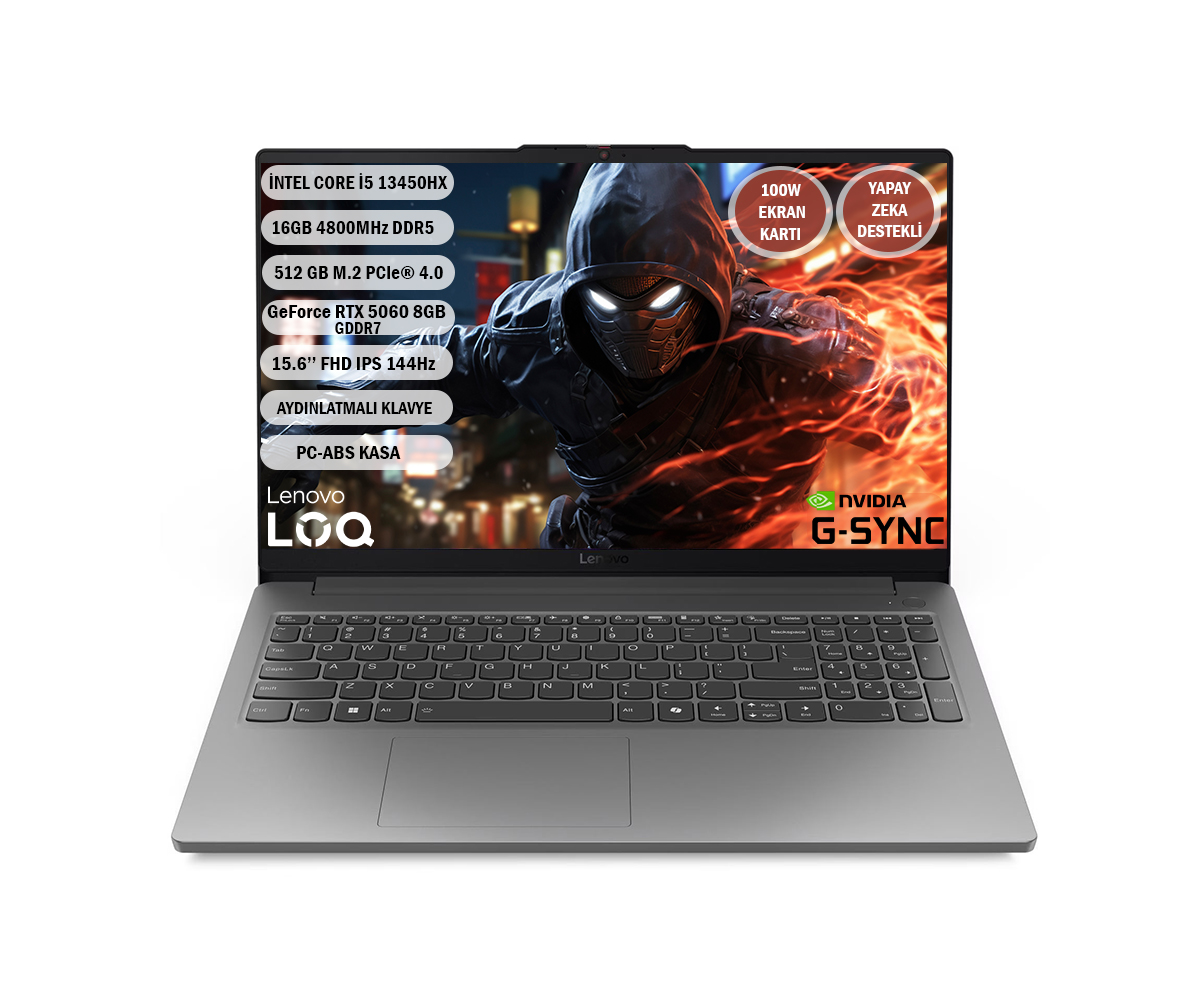 Intel Core i5, RTX 5060 ve G-SYNC özellikli gri Lenovo LOQ oyuncu dizüstü.