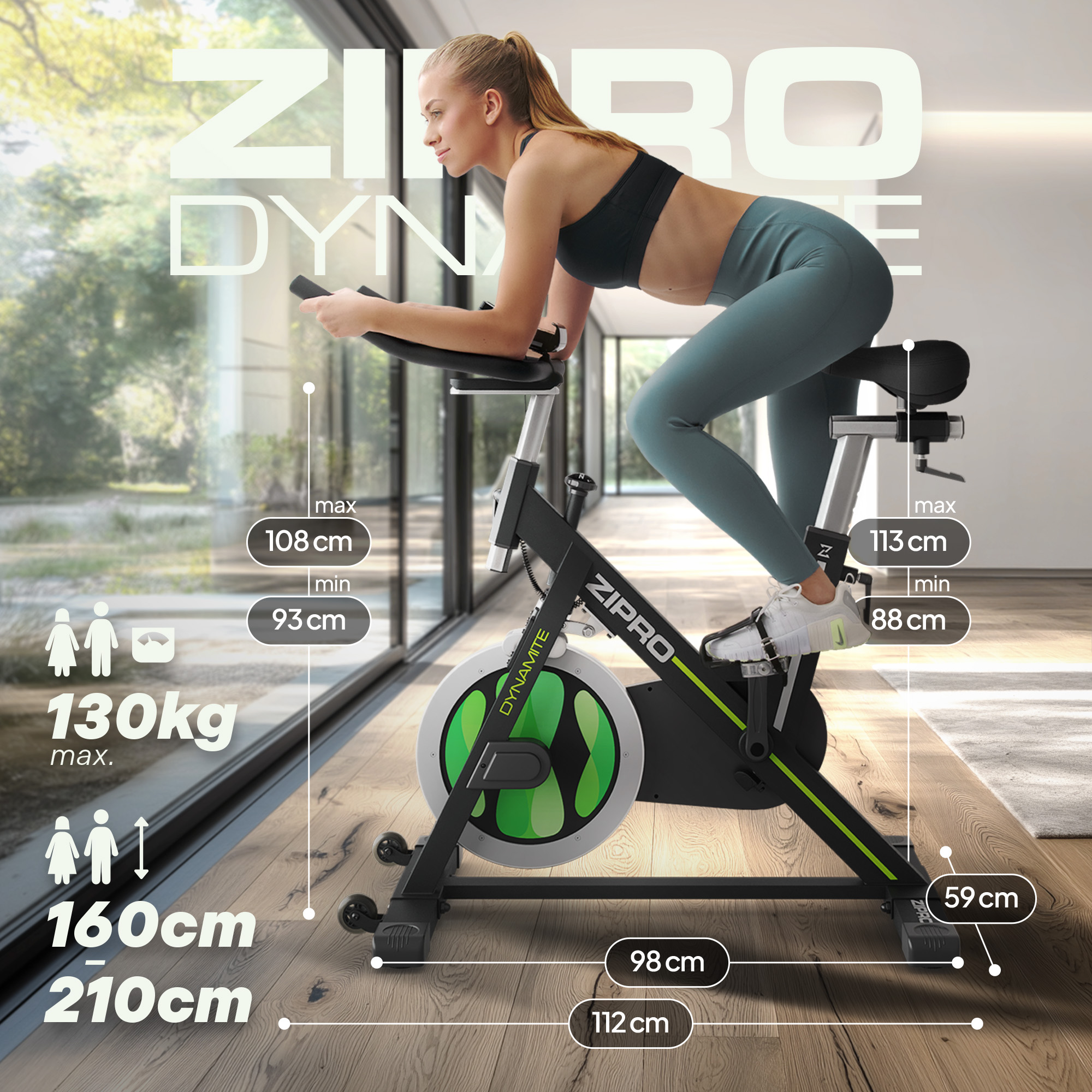 Eine Frau trainiert auf einem schwarzen Heimtrainer mit grünen Akzenten.