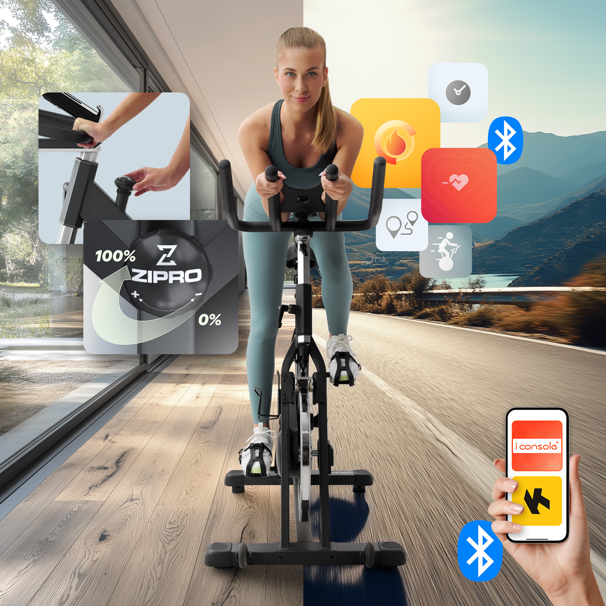 Frau auf einem Heimtrainer mit Icons für Fitness-Apps und Bluetooth.