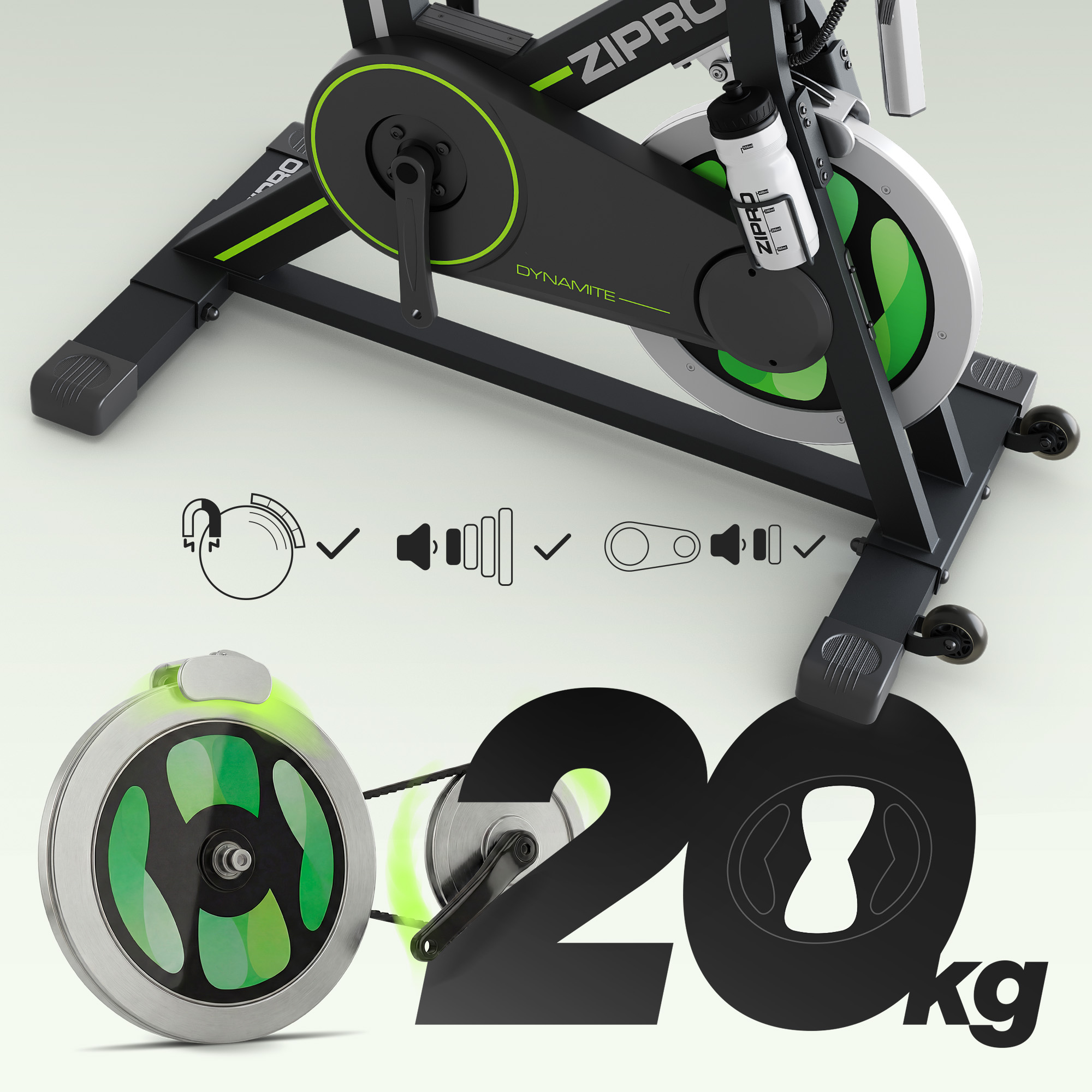 Schwarzes Hometrainer mit grünen Akzenten. Mit 20kg Gewicht und Symbolen.