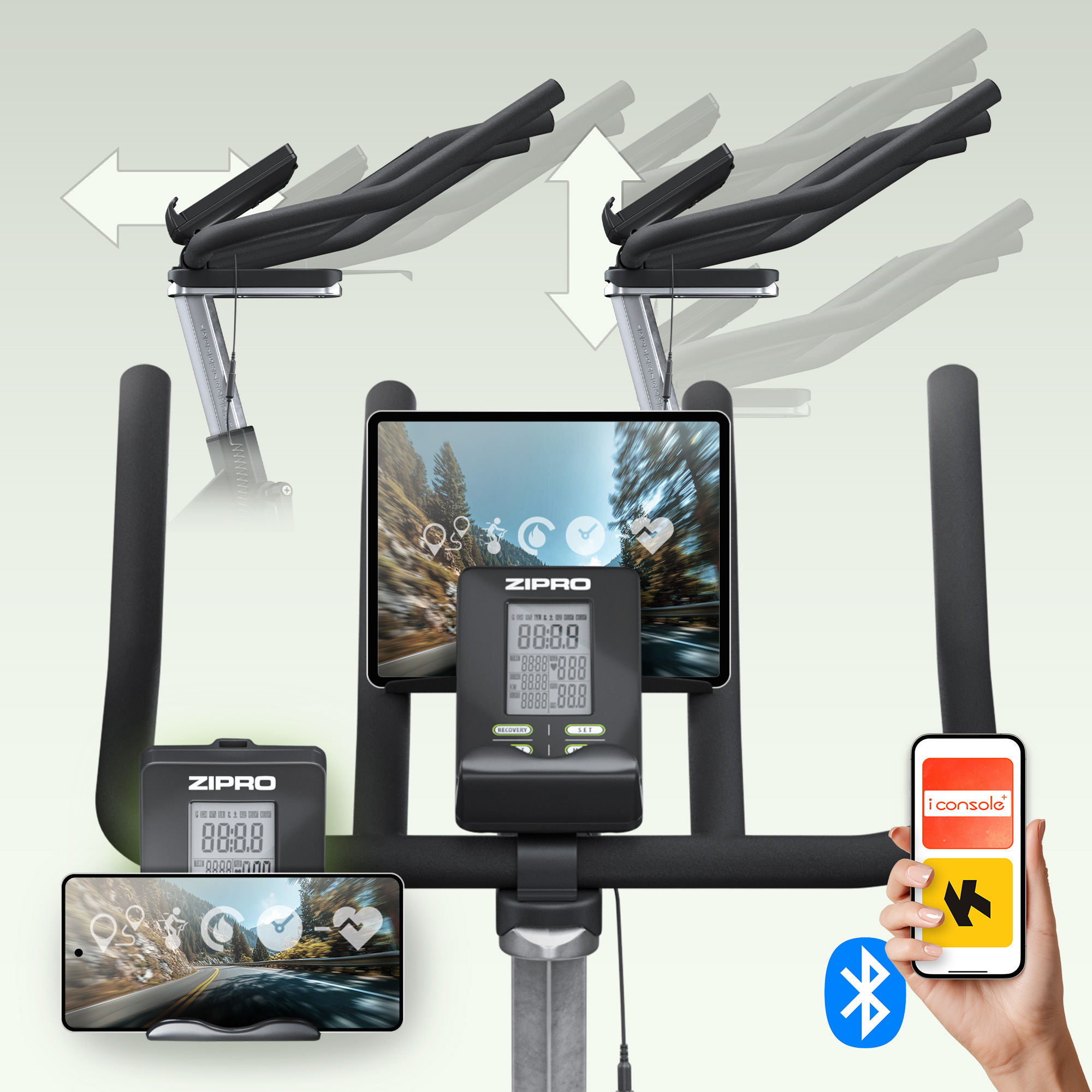 Fahrradcomputer mit Tablet, Smartphone und Bluetooth-Symbol. Einstellbare Griffe.