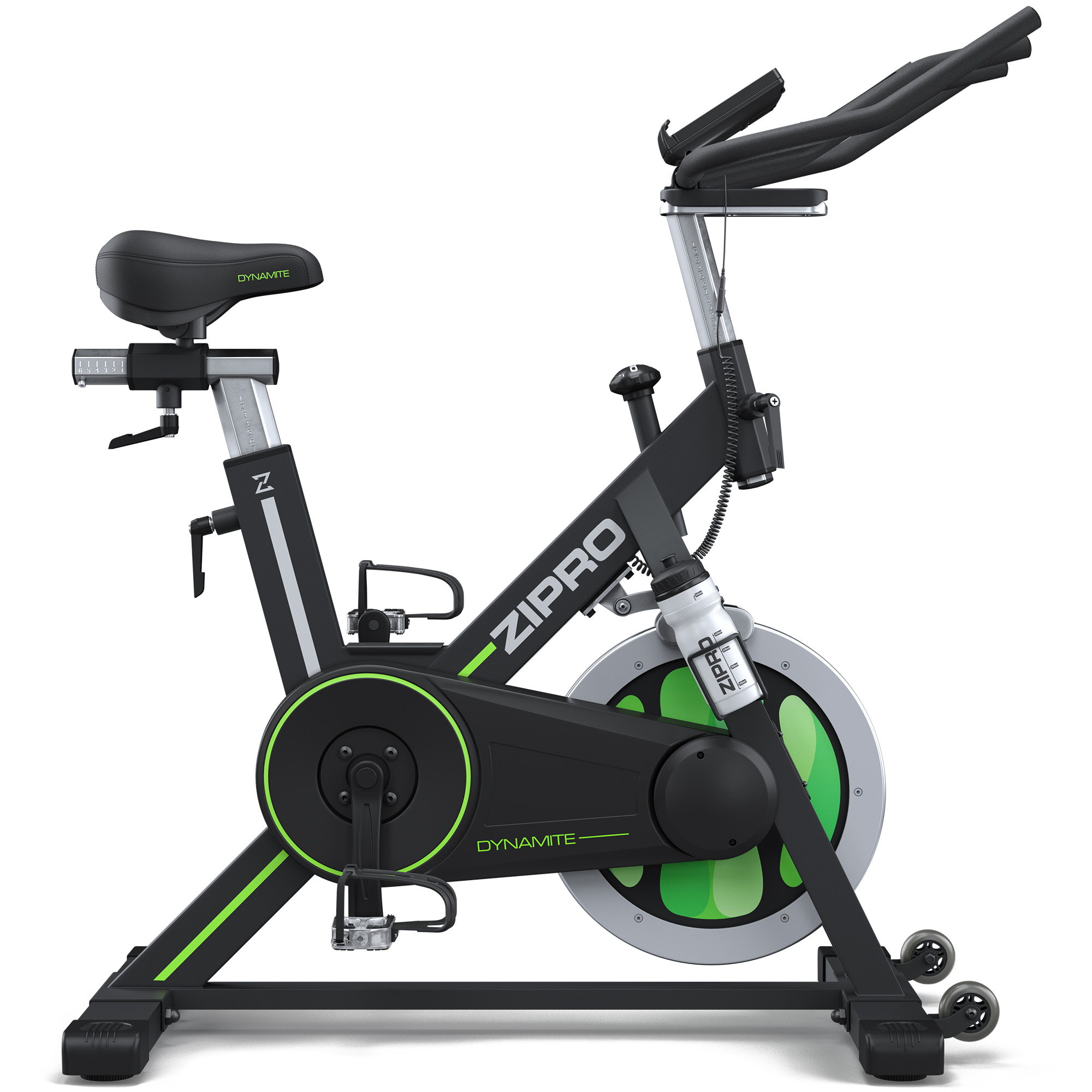 Schwarzes und grünes Indoor-Spinningrad mit silbernem Schwungrad und Flaschenhalter.