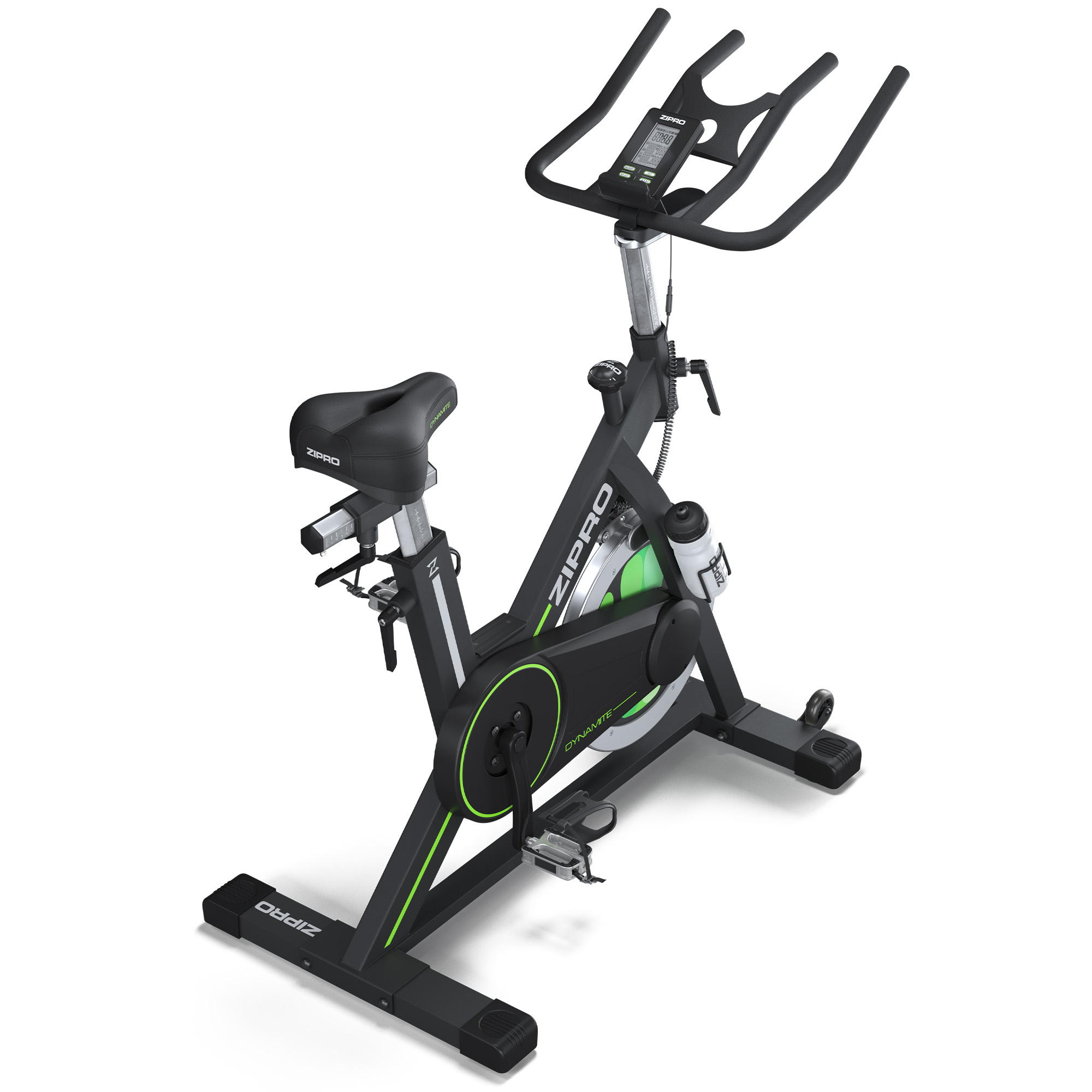 Ein schwarzes Indoor-Fahrrad mit grünen Akzenten und einem Flaschenhalter.