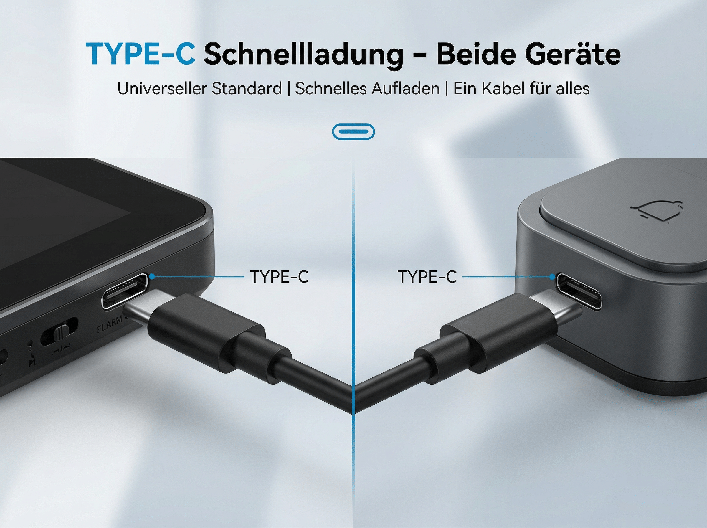 Ein USB-C-Kabel verbindet zwei graue Geräte mit Typ-C-Anschlüssen.