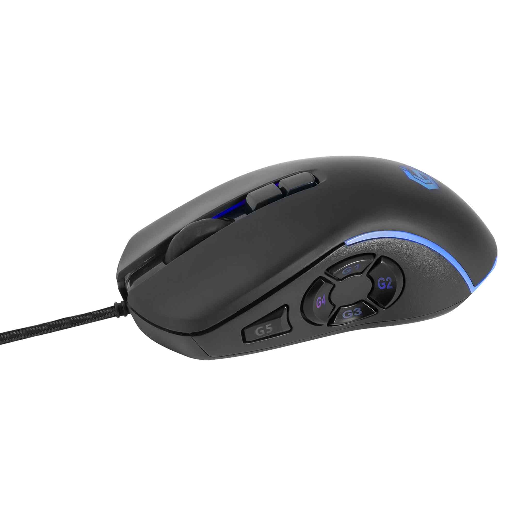 Czarna mysz gamingowa z niebieskim podświetleniem i programowalnymi przyciskami.