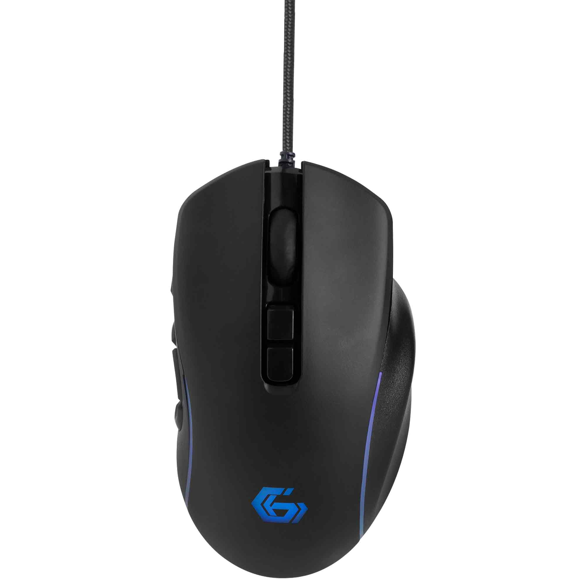 Czarna mysz gamingowa z niebieskimi akcentami i logo.