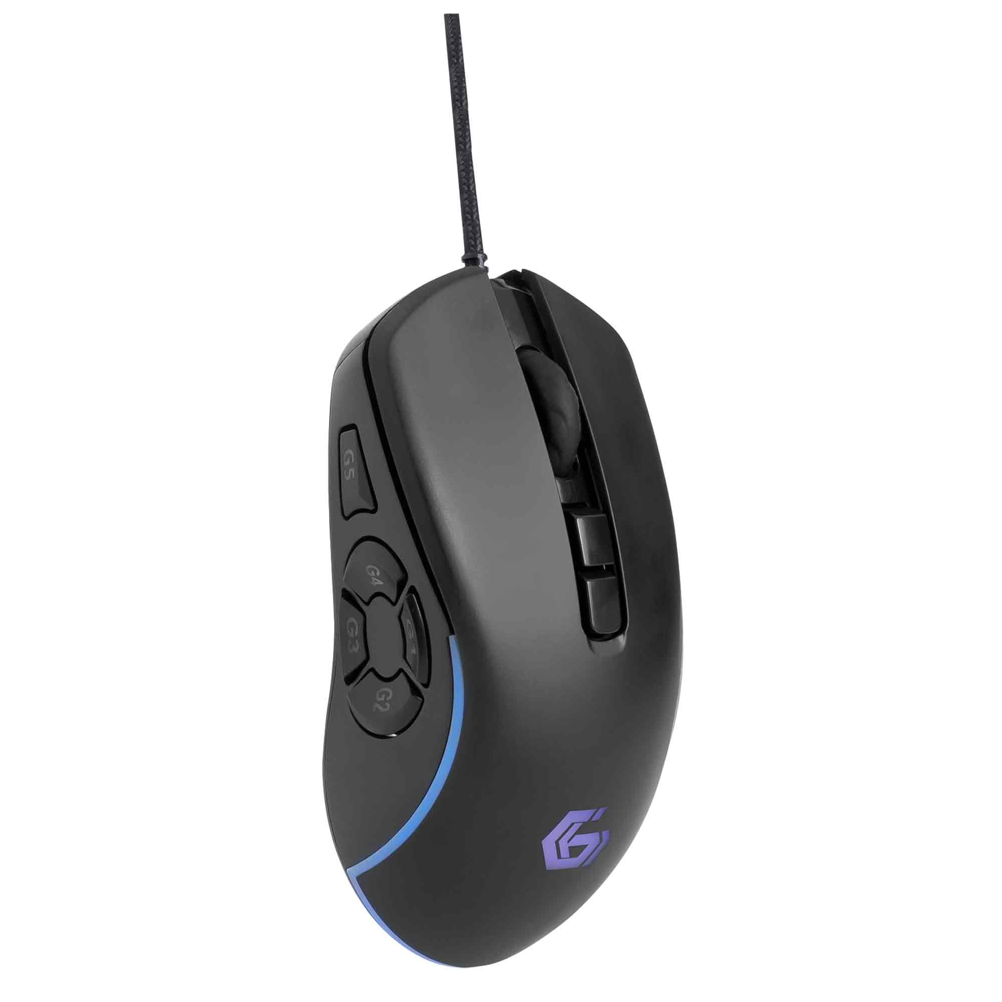 Czarna mysz gamingowa z niebieskimi akcentami i widocznymi przyciskami.