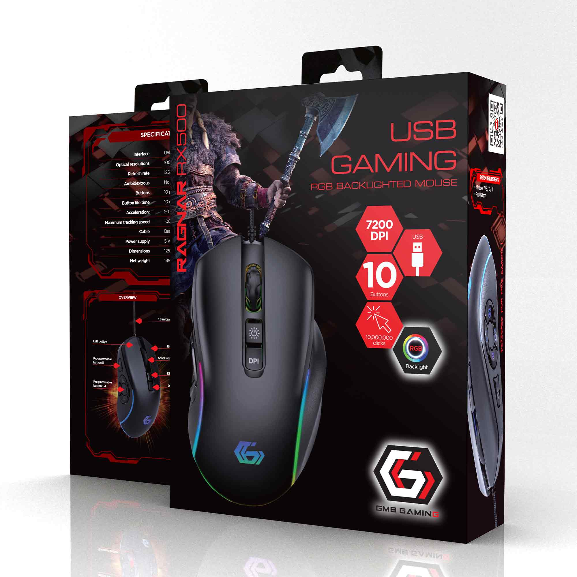 Opakowanie myszy gamingowej z podświetleniem RGB, ze specyfikacjami i funkcjami.