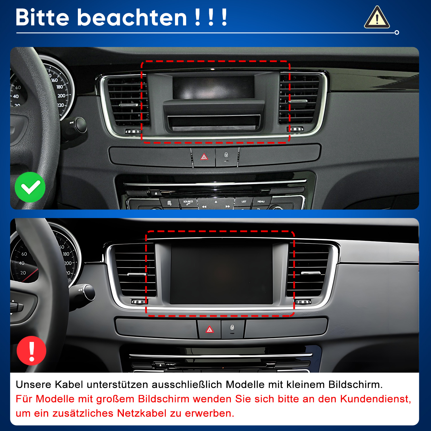 Vergleich von zwei Auto-Armaturenbrettern: oben mit kleinem Bildschirm, unten mit großem.